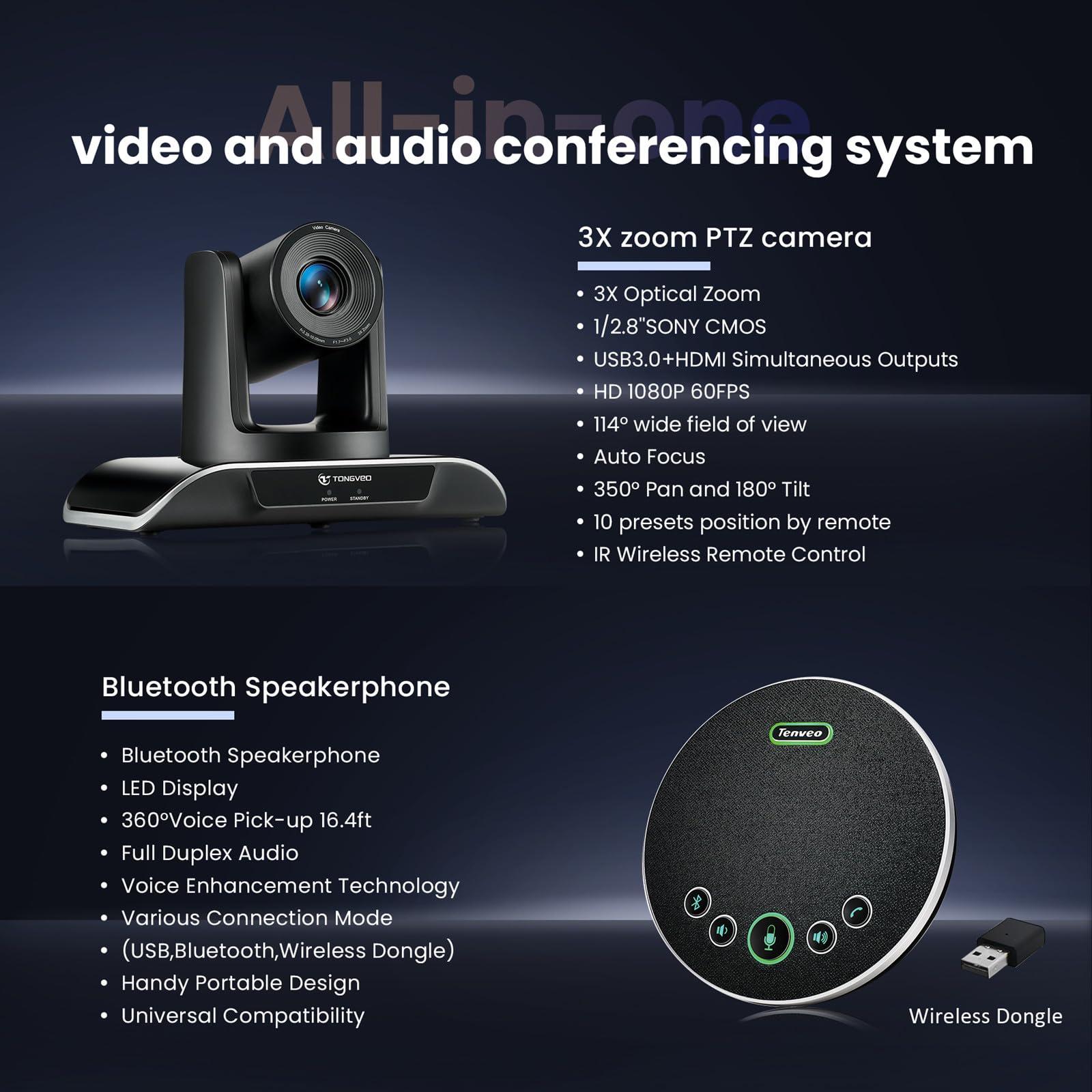 TONGVEO TONGVEO All-in-One Conference Room Video Camera System Bundle HD 1080P 60fps 3X Optical Zoom USB3.0 HDMI PTZ Camera and Bluetooth Conference Speakerphone with Microphones