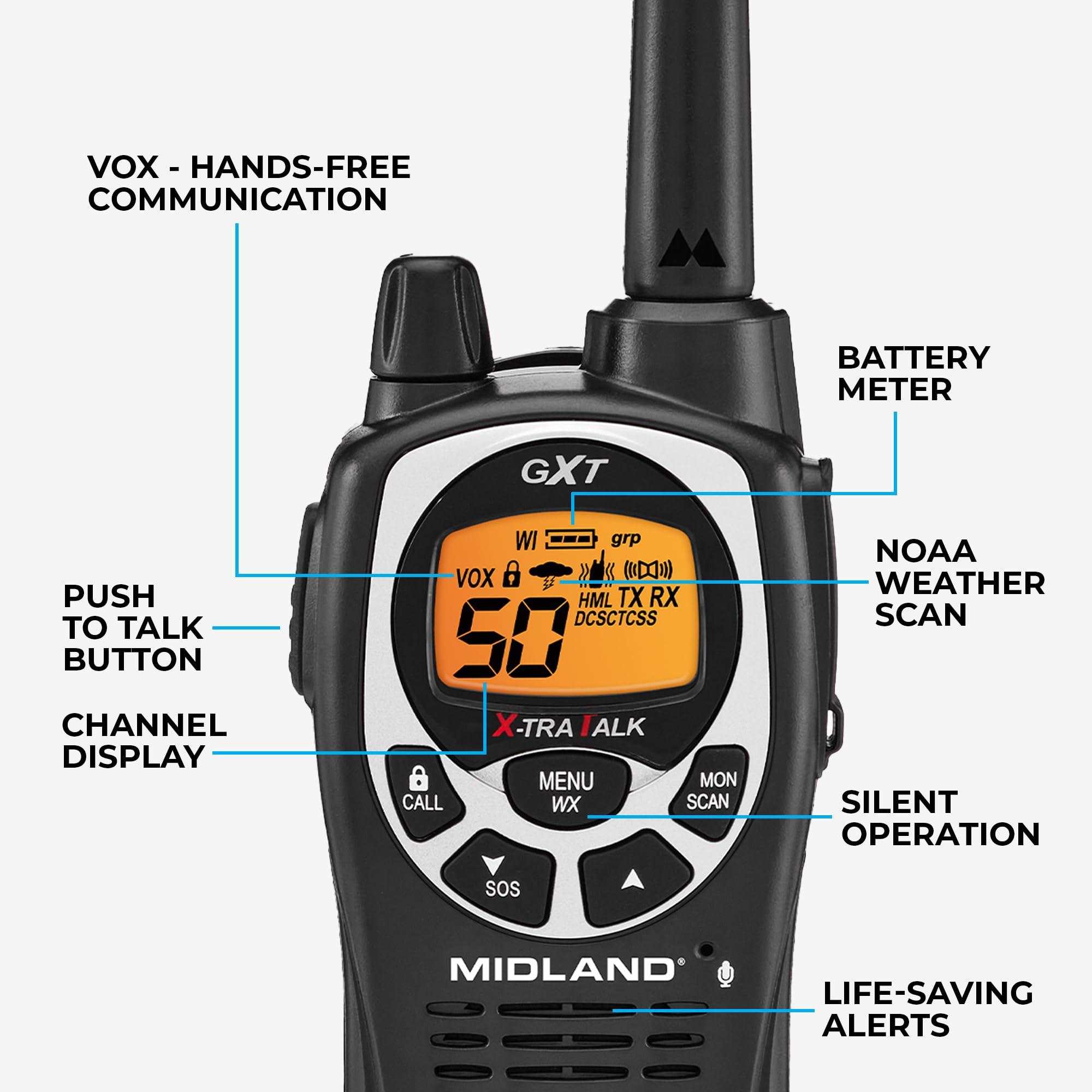 Midland Midland GXT1000X3VP4 GMRS Two-Way Radio (50-Channel, Long Range, 142 Privacy Codes, SOS, NOAA, Rechargeable Nickle Battery, Black/Silver, 3-Pack)