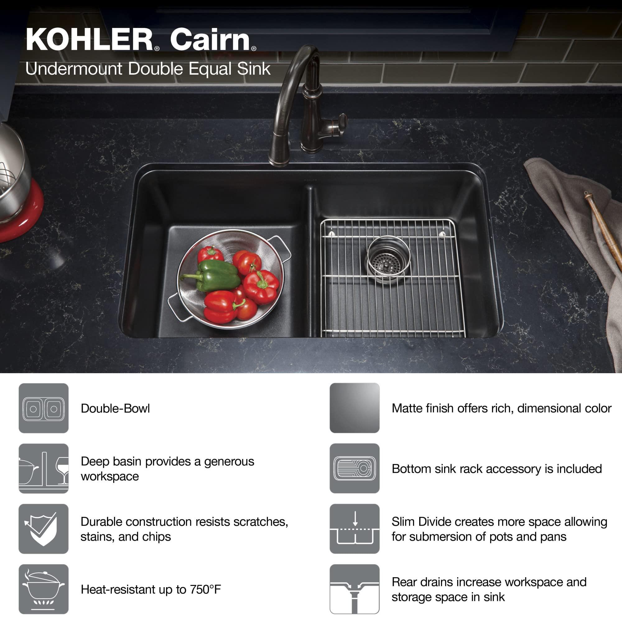 Kohler KOHLER K-8199-CM1 Cairn Sink, 33\" Neoroc Composite Undermount Double-Bowl Kitchen Sink, Composite Kitchen Sink with Sink Rack, Matte Black