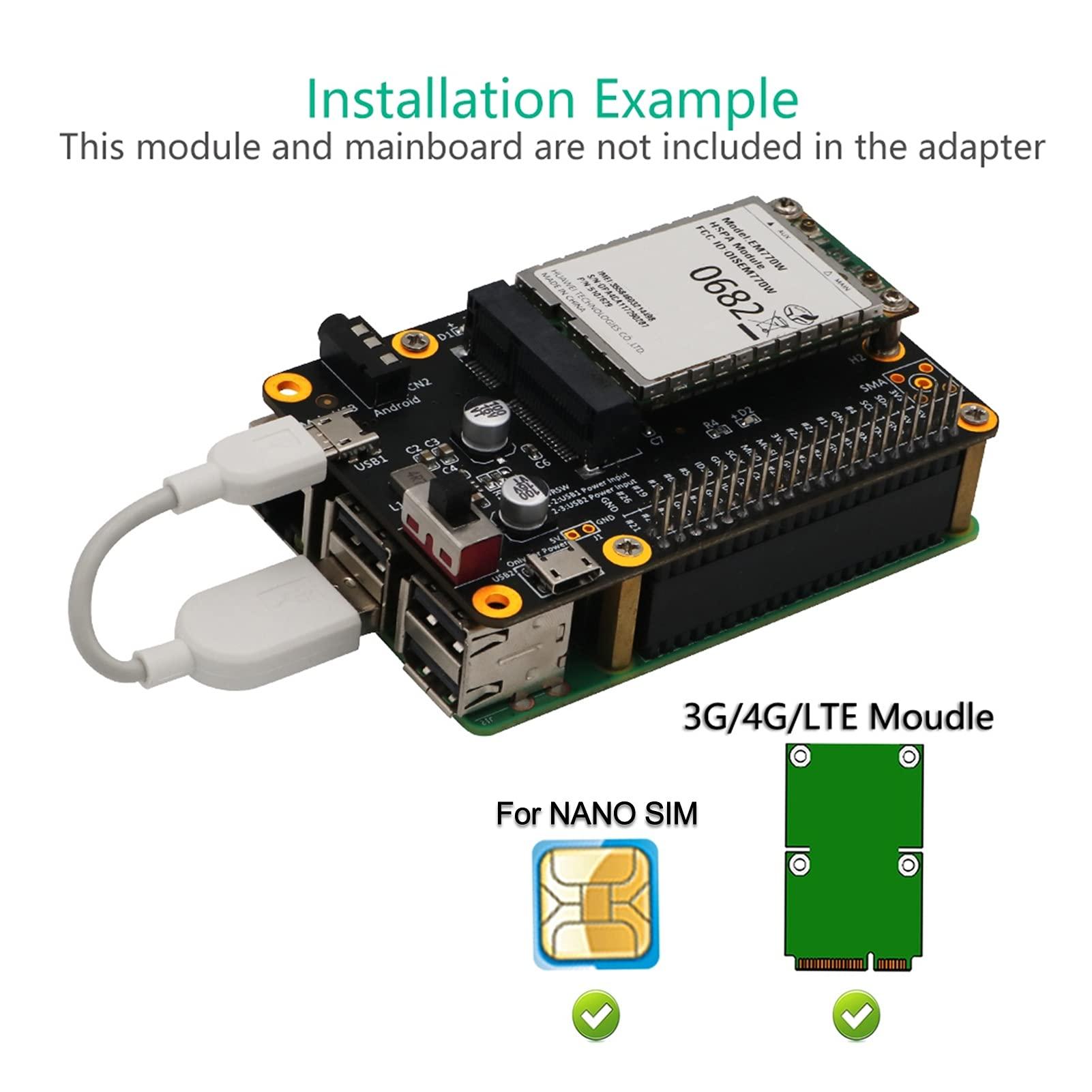 Sanpyl 3G 4G LTE Base Hat Module, PC Computer Board to Micro USB with SIM Card, Support 3Amps, Mini PCI E Socket, for Raspberry Pi 4 3 2