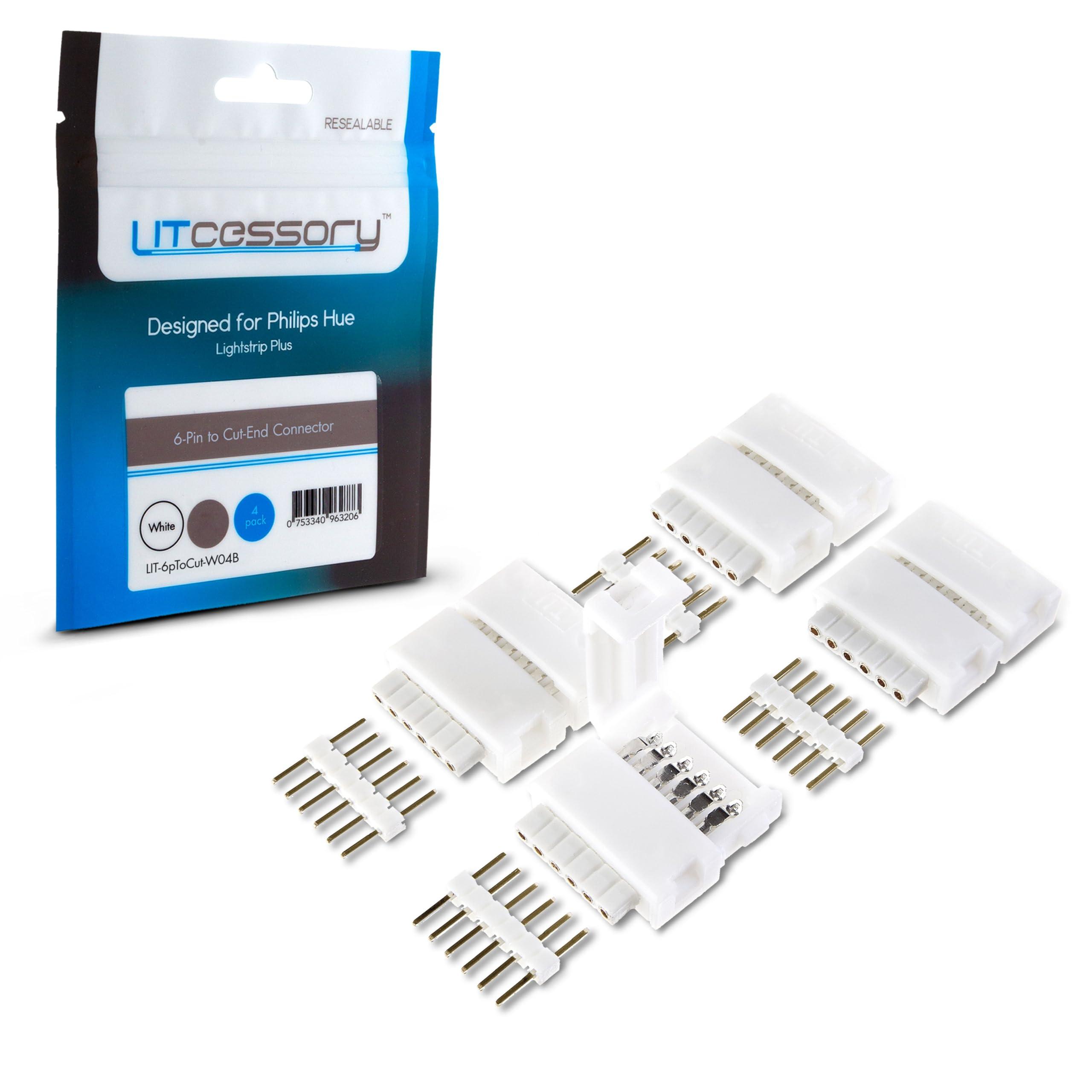 Litcessory Litcessory 6-Pin to Cut-End Connector for Philips Hue Lightstrip Plus (4 Pack, White - Standard 6-PIN V3)