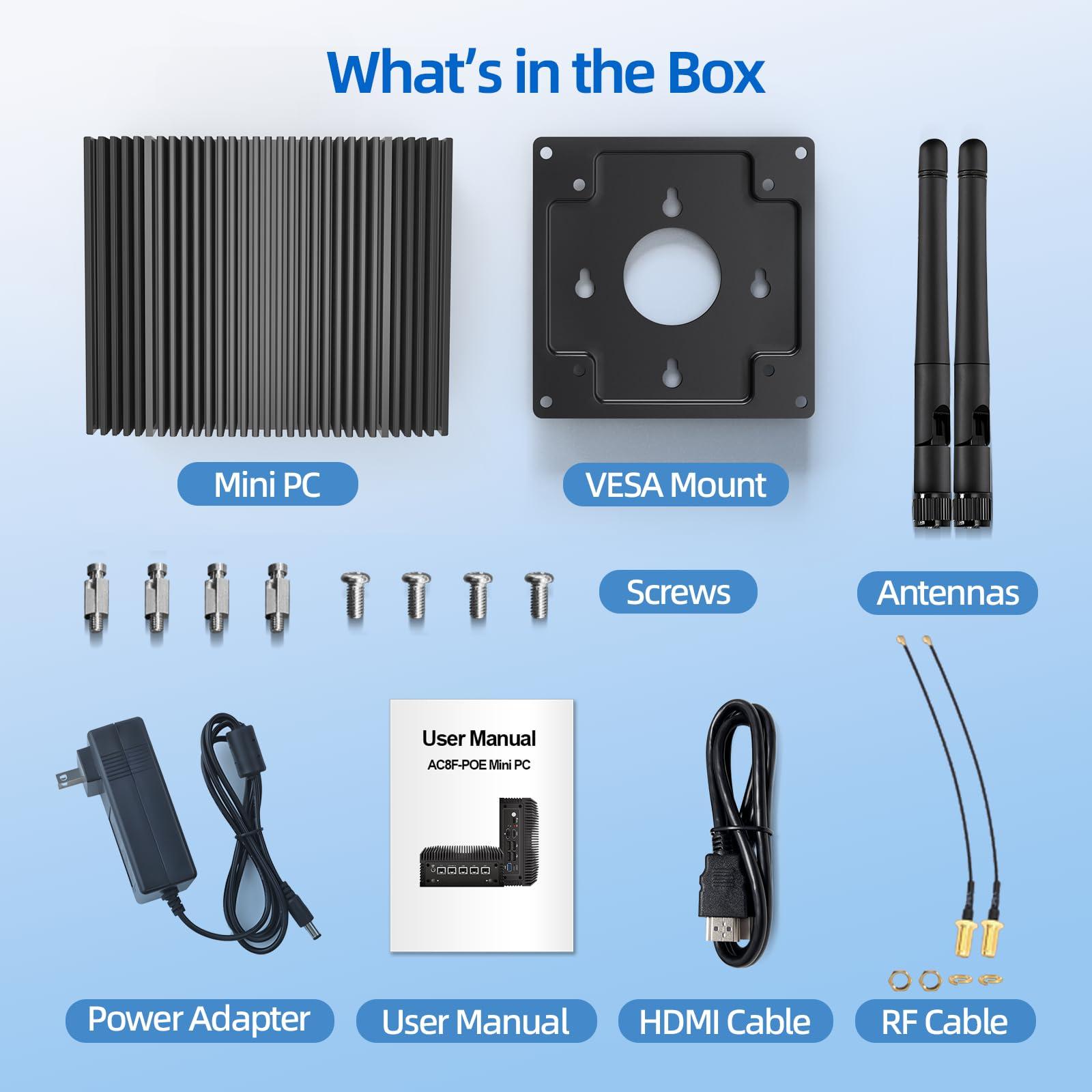 NEOSMAY Fanless N100 Industrial Mini PC Micro Firewall Appliance, 4 * 2.5Gbe i225 LAN Ports POE in Mini Computer 8GB DDR4 RAM 128GB SATA SSD, USB-C/5*USB/SIM Slot/HD+DP/Home Network Pfsense Router