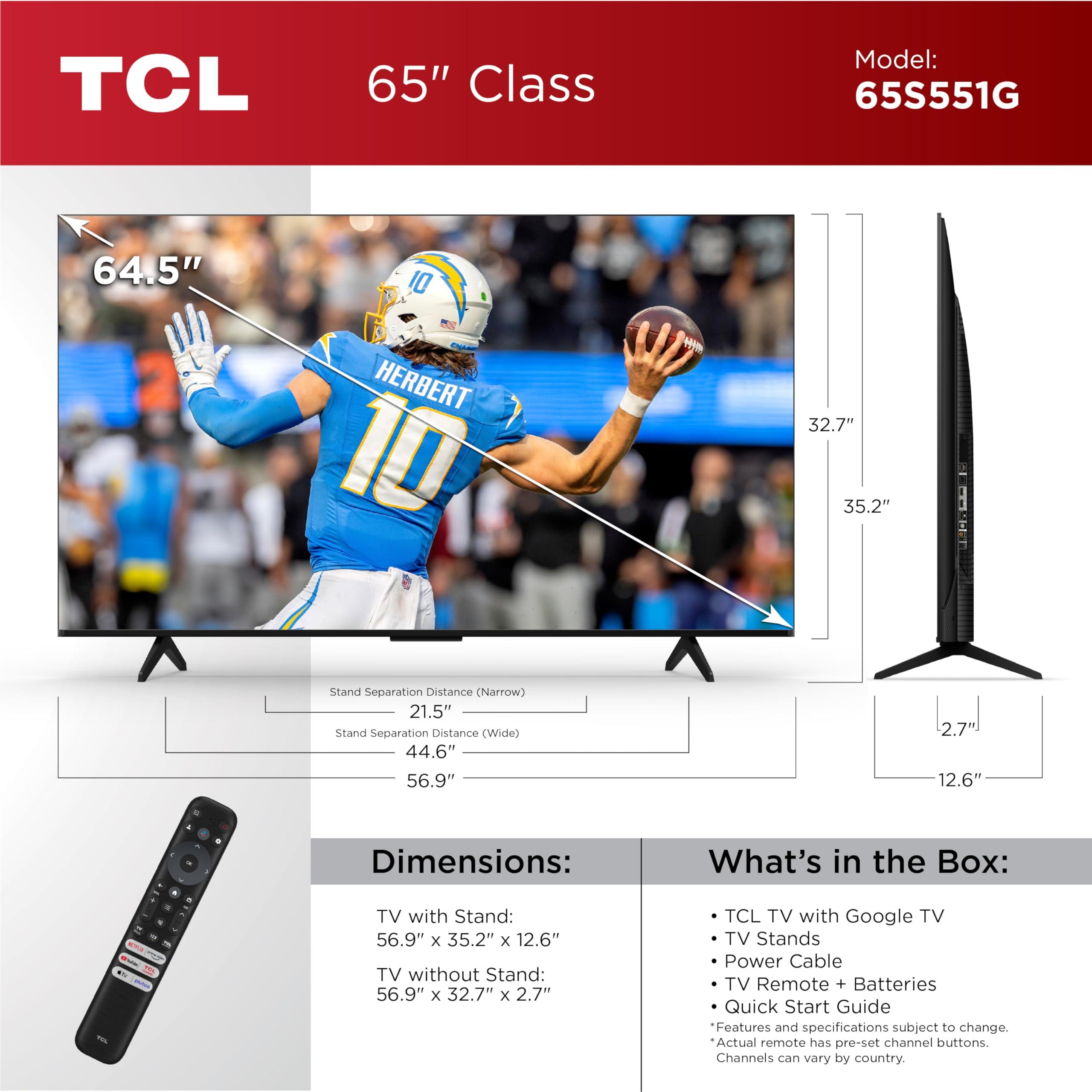 TCL TCL 65-Inch Class S5 4K UHD LED Smart TV with Google TV (65S551G, 2024 Model), Google Assistant Built-in with Voice Remote, Compatible with Alexa, Streaming Television