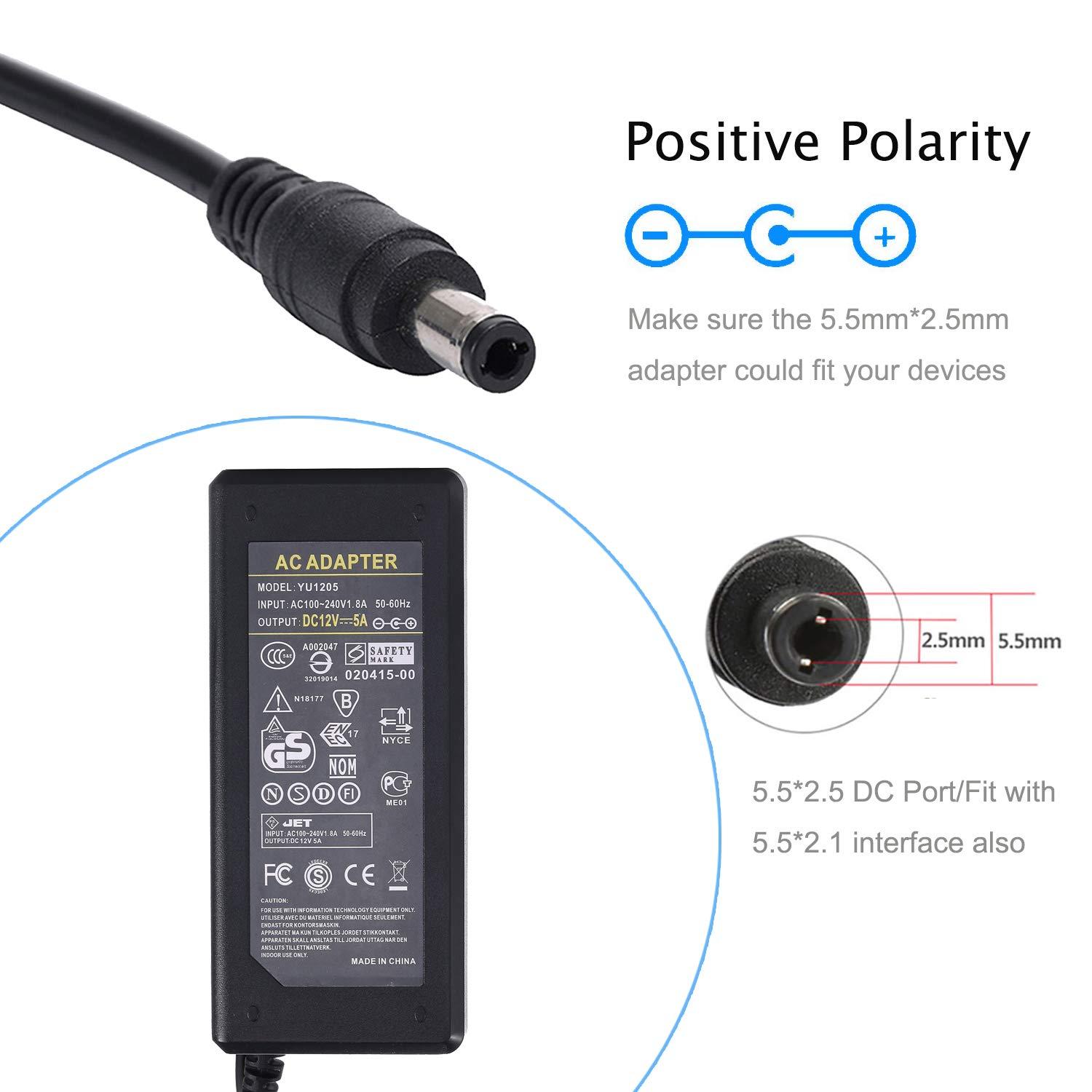 COOLM 12V 5A Power Supply, COOLM AC to DC 12V 5A 60W Power Adapter Charger AC 100V - 240V Transformer 5.5x2.5mm DC Output Jack for 5050 3528 LED Strip Light LED Driver CCTV Security System