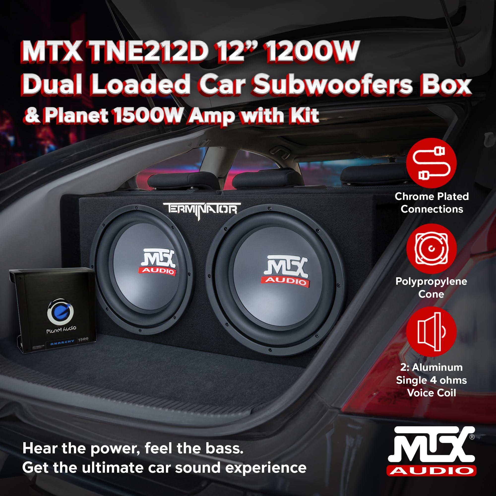 MTX MTX 12\" 1200W Dual Loaded Subwoofers w/Enclosure Bundled with Planet Audio Amplifier & Soundstorm Wiring Kit (2 Pack)