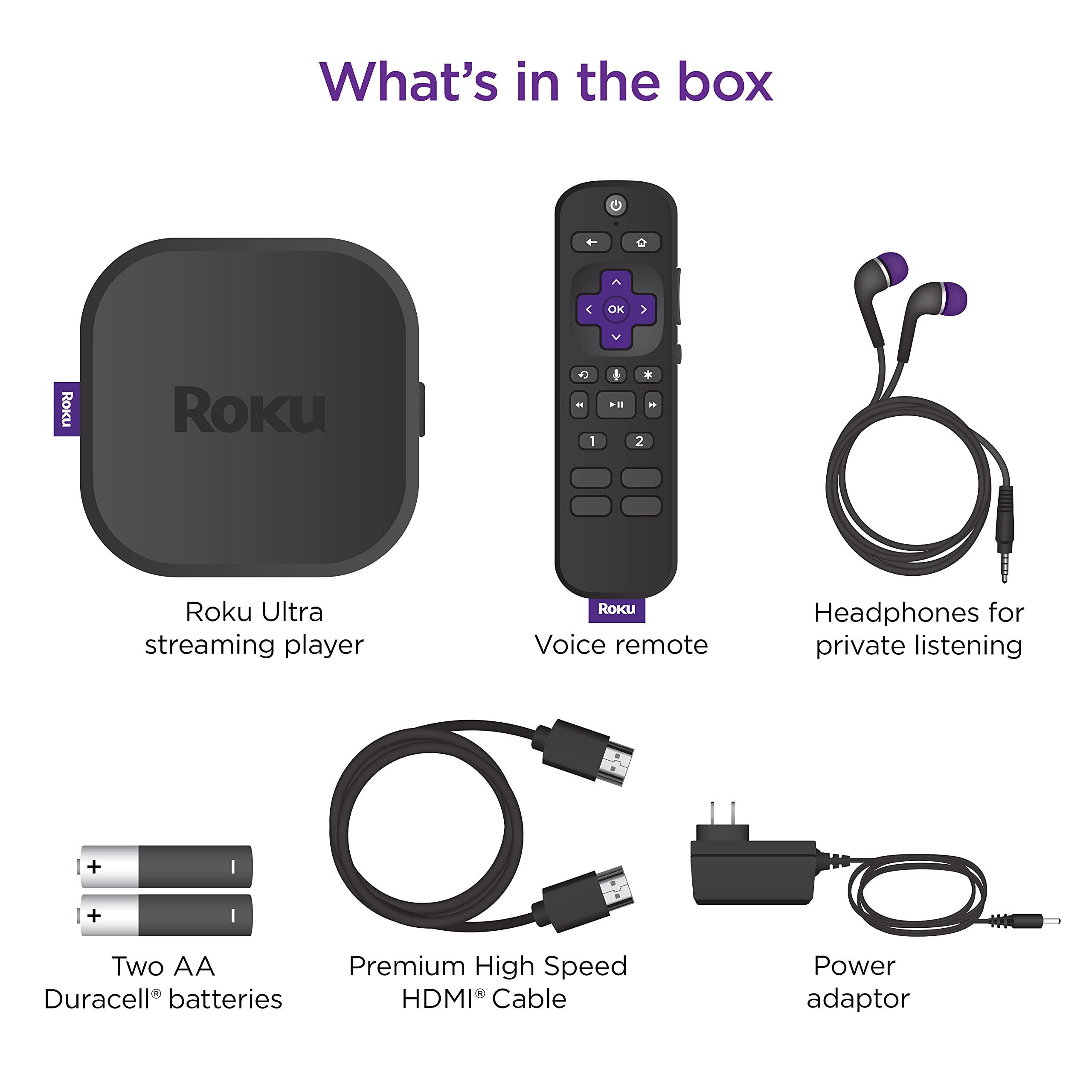 Roku Roku Ultra | Streaming Device HD/4K/HDR/Dolby Vision with Dolby Atmos, Bluetooth Streaming, and Roku Voice Remote with Headphone Jack and Personal Shortcuts, includes Premium HDMI® Cable