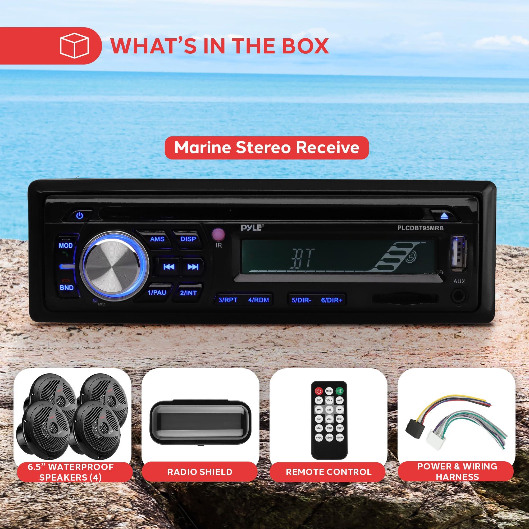 Pyle Pyle Wireless Bluetooth Marine Audio Stereo - Kit w/ Single DIN Universal Size Radio Receiver, Hands-Free Calling, 6.5\" Waterproof Speakers, CD Player, MP3/USB/SD Readers & AM/FM Radio