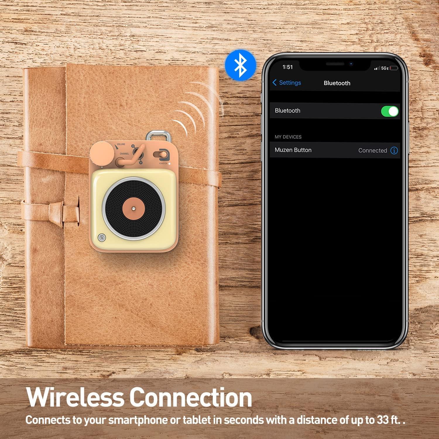 Muzen Muzen Mini Bluetooth Speaker, Button Portable Metal Small Cute Wireless Speaker, Rechargeable HiFi Loud Volume Audio Speaker with Portable Lanyard and Gift Box, Classic Retro Decor Gift