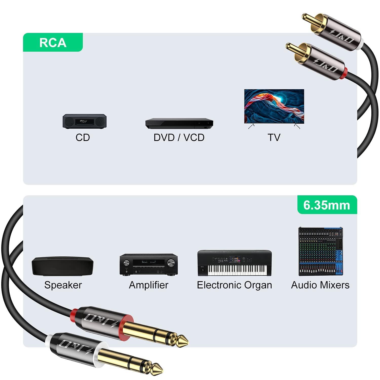 J&D J&D Dual 1/4" TS to 2RCA Cable Bundle with RCA to 3.5mm Adapter Cable, 6 Feet