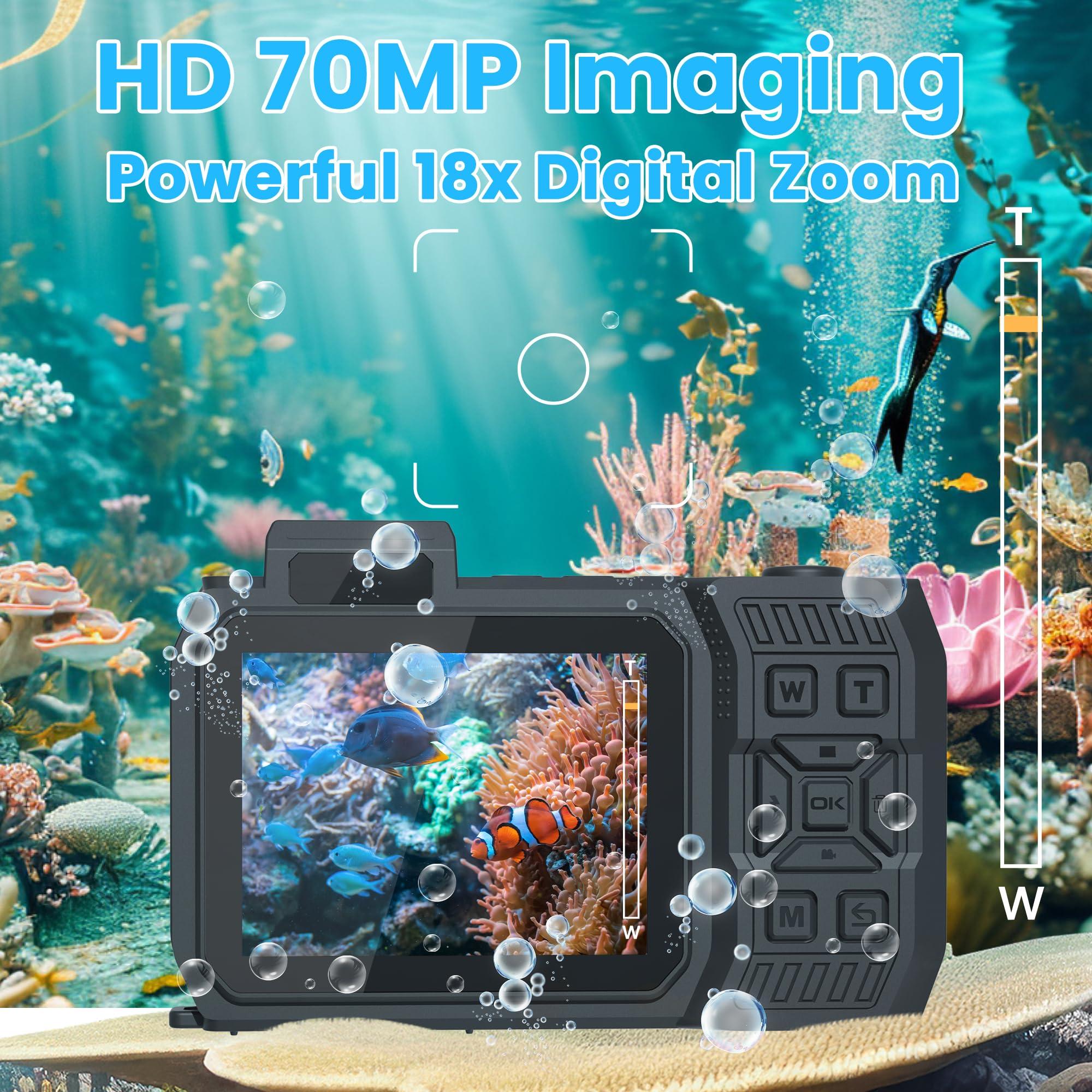 KitkidKind 8K 70MP Digital Camera with 64G Card 33FT Underwater Camera Waterproof Camera Rugged Dustproof Shockproof for Snorkeling 18X Zoom Autofocus Selfie Dual-Screen Camera Snorkeling Point and Shoot Camera