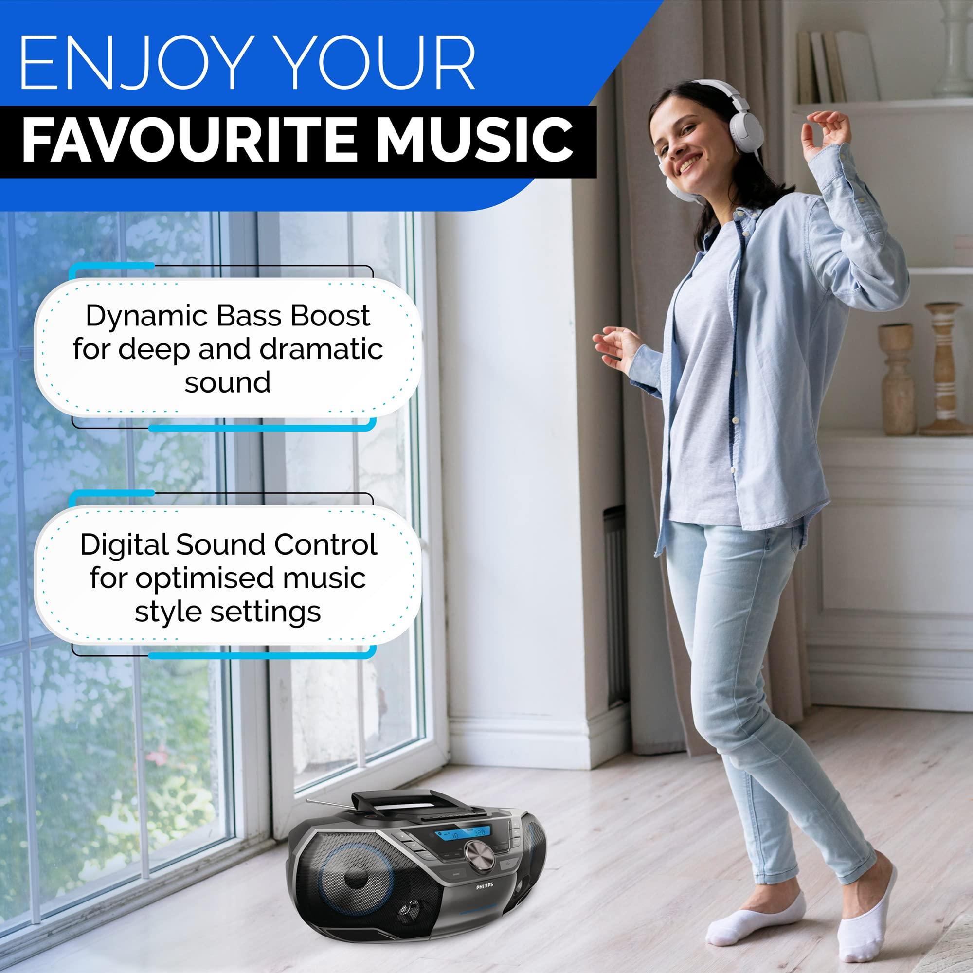 PHILIPS Philips Portable CD Player Boombox Bluetooth with Cassette Player All in one Powerful Stereo Boom Box CD Player for Home Mega Bass Reflex Speakers, Radio/USB/MP3/AUX Input with Backlight LCD Display