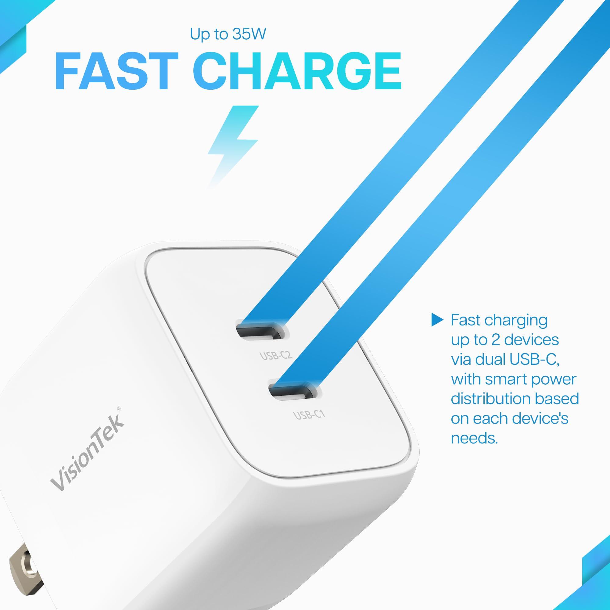 VisionTek VisionTek GaN II 35W Wall Fast Charger - Dual USBC Ports - 2X USB-C - Compatible with Ipad, iPhone, Galaxy, Steam Deck, Tablets, Pixel and More - 901534