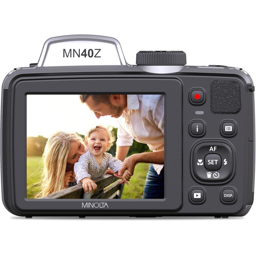 Minolta MINOLTA MN40Z 20 Mega Pixels 40x Optical Zoom Digital Camera with 1080p FHD Video, Silver, Bundle with 64GB Memory Card + Vlog Tripod + 4xAA Battery with Charger + Accessories