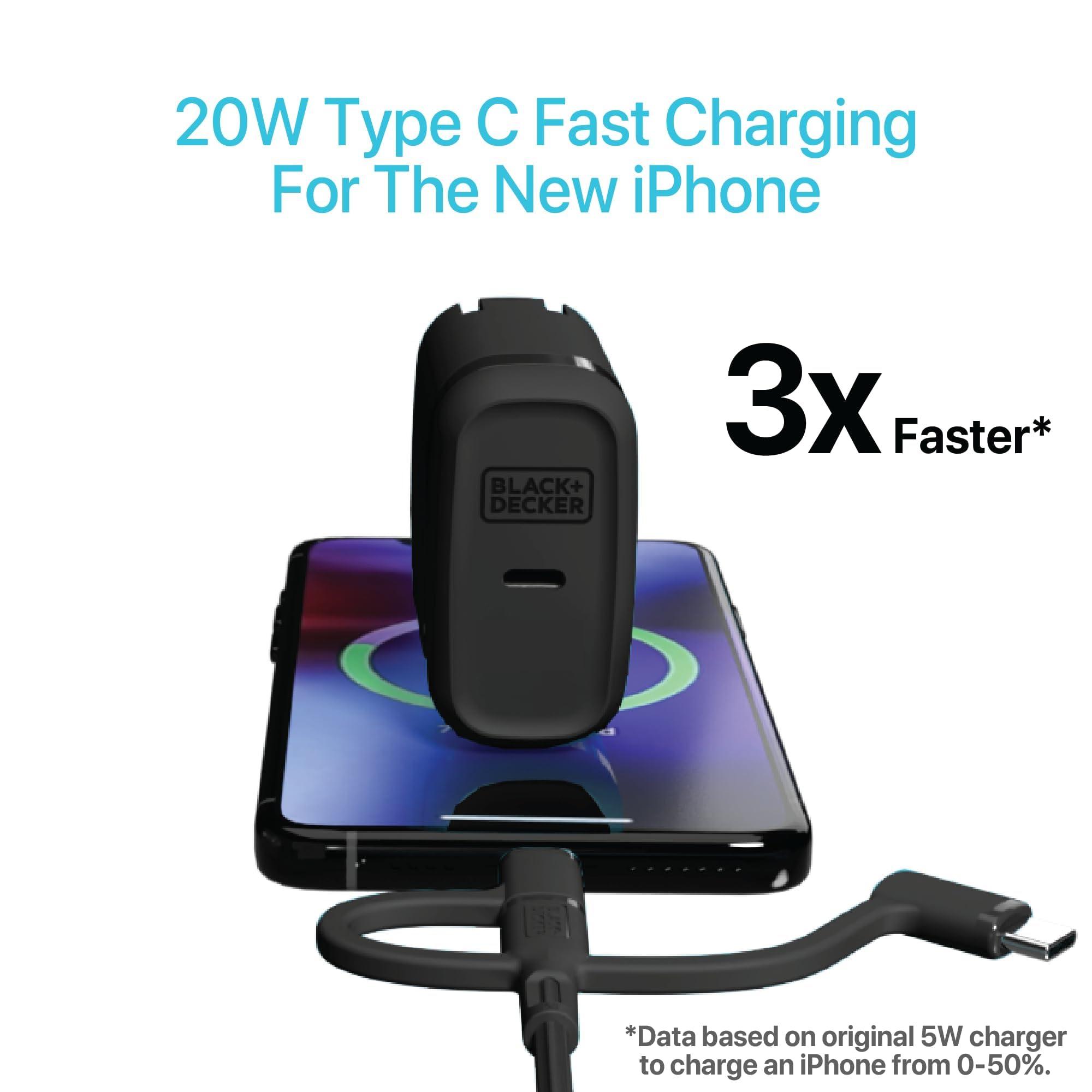 BLACK+DECKER BLACK+DECKER GaN PD Wall Charger, 1-Port, 20W Type C Wall Plug, Compact Power Block USB C, Type-C Fast Charging for iPhone 16/15, USBC Charging Block, Perfect for Home, Office, Travel