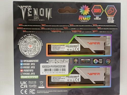 Patriot Memory Patriot Memory Viper Venom RGB DDR5 RAM 64GB (2X32GB) 5200MHz CL40 1.35v UDIMM Desktop Gaming Memory Kit Compatible with Intel XMP/AMD Expo - PVVR564G520C40K