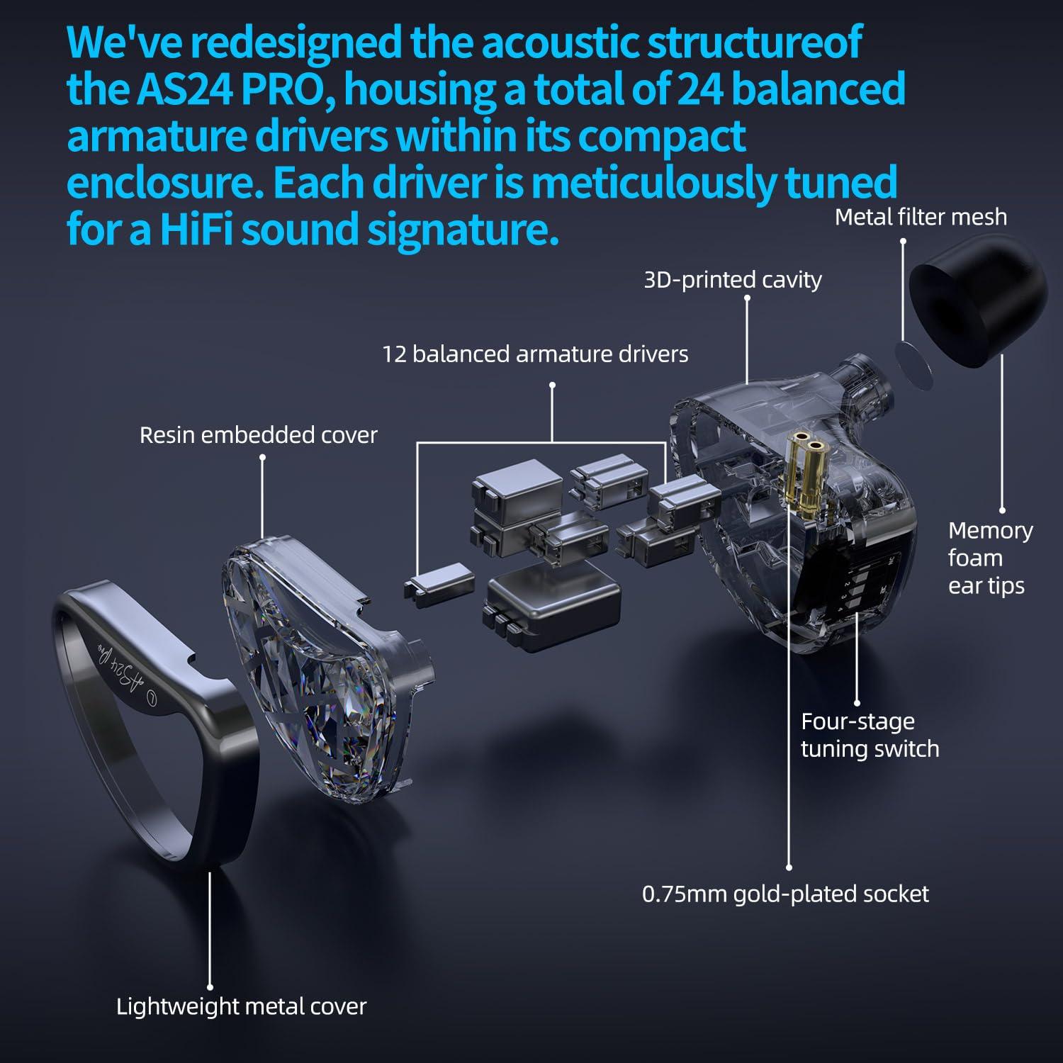 Bawjog KZ AS24 Pro in Ear Monitor Headphones, HiFi Bass Noise Isolation Earphones, 12 Balanced Armature Drivers IEM Wired Earbuds (Without mic, Standard Version)