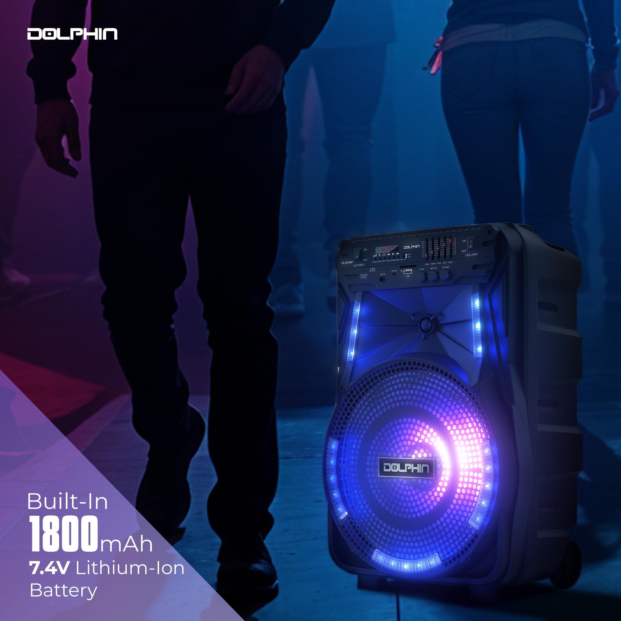Dolphin Dolphin 12-Inch Rechargeable Bluetooth Party Speaker High Power Sound, TWS Compatibility, LED Lights, 5-Band Equalizer, Portable Design with Trolley and Wheels