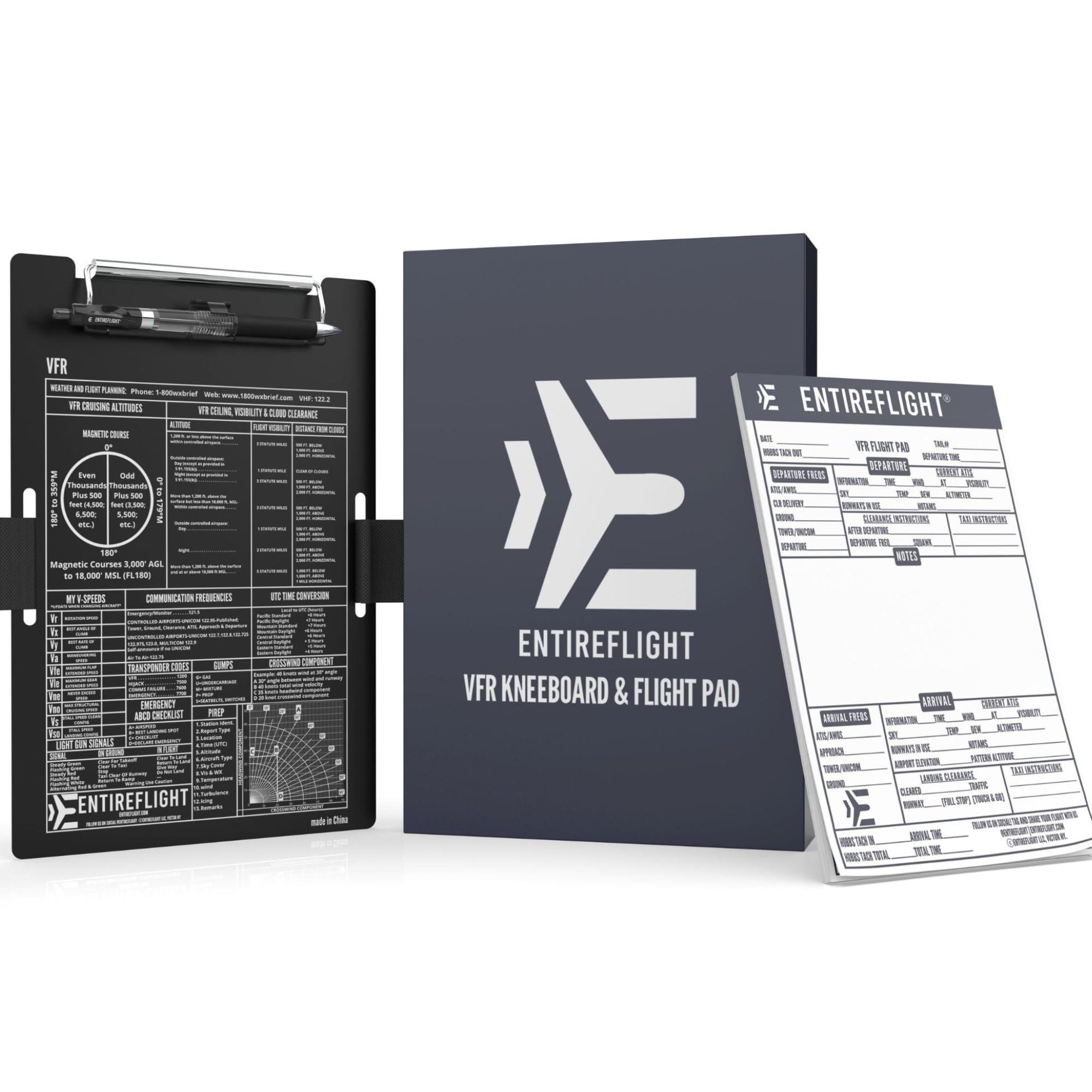 EntireFlight EntireFlight - Aviation Pilot Kneeboard VFR Black with Structured Notepad, Pilot Gear & Flight Bag Accessory, Airplane Grade Aluminum, Elastic Knee Strap & Pen Included for Pilots