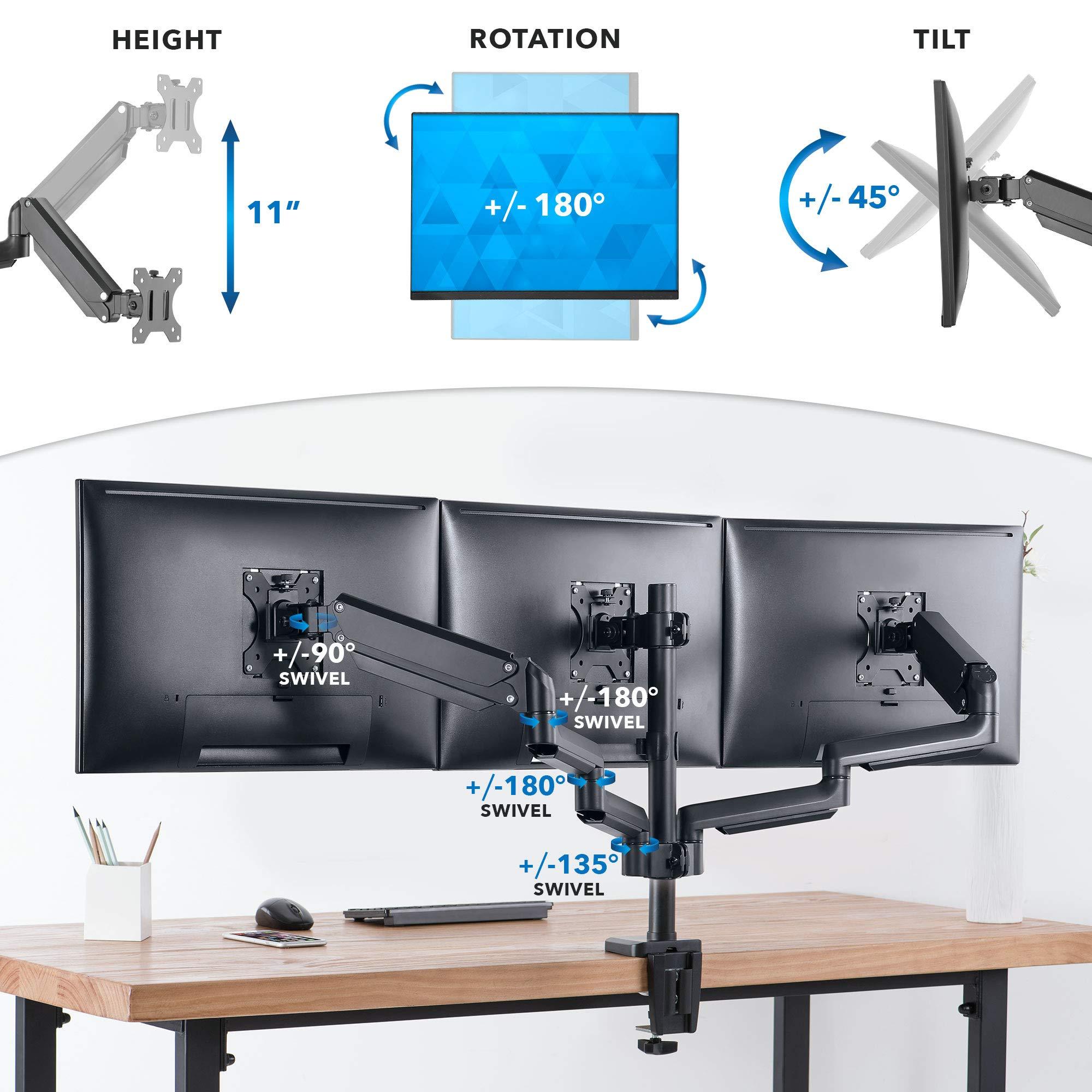 Mount-It! Mount-It! Triple Monitor Mount for Computer Screens Up to 27 Inch, Triple Monitor Stand with Gas Spring Arms, Holds 15.4 lbs Per Arm, 3 Monitor Stand Desk Mount with Tilt, Swivel, VESA 75x75,100x100mm