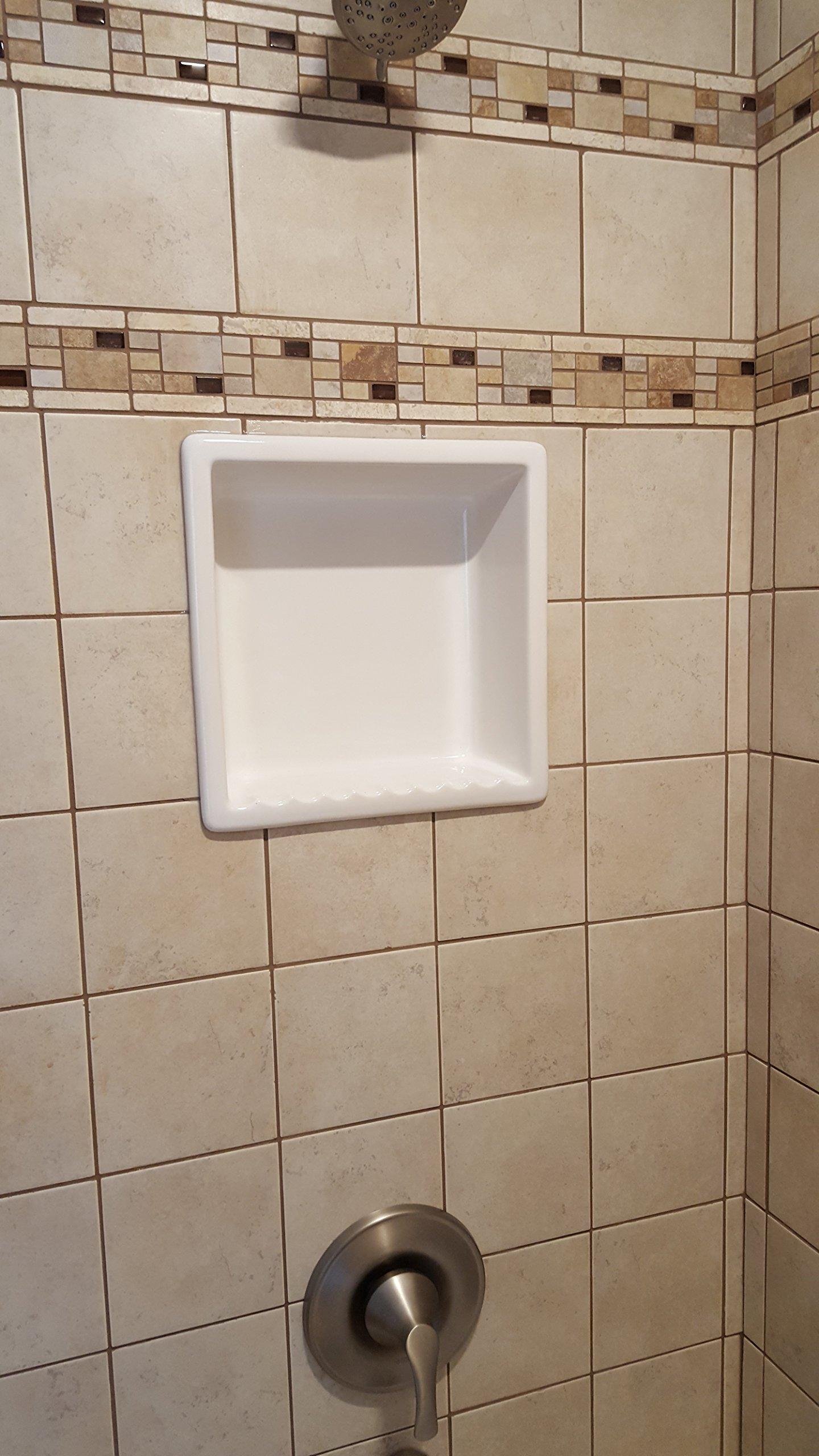 shower-shelf 1 USA made Ceramic Recessed Shower Niche 1 compartment shampoo shelf. Easy Install, Easy Clean, Sanitary, Will not Rust or Black Mold, Holds most 3-32 oz shampoo bottles, Soap Holder1C