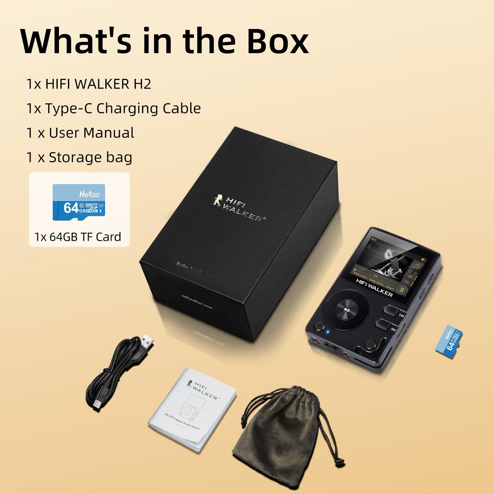 HIFI WALKER HIFI WALKER H2 HiFi MP3 Player with Bluetooth, Lossless DSD DAC Flac, High Resolution Music Player, Portable Audio Player with 64 GB Memory Card, Supports up to 256 GB