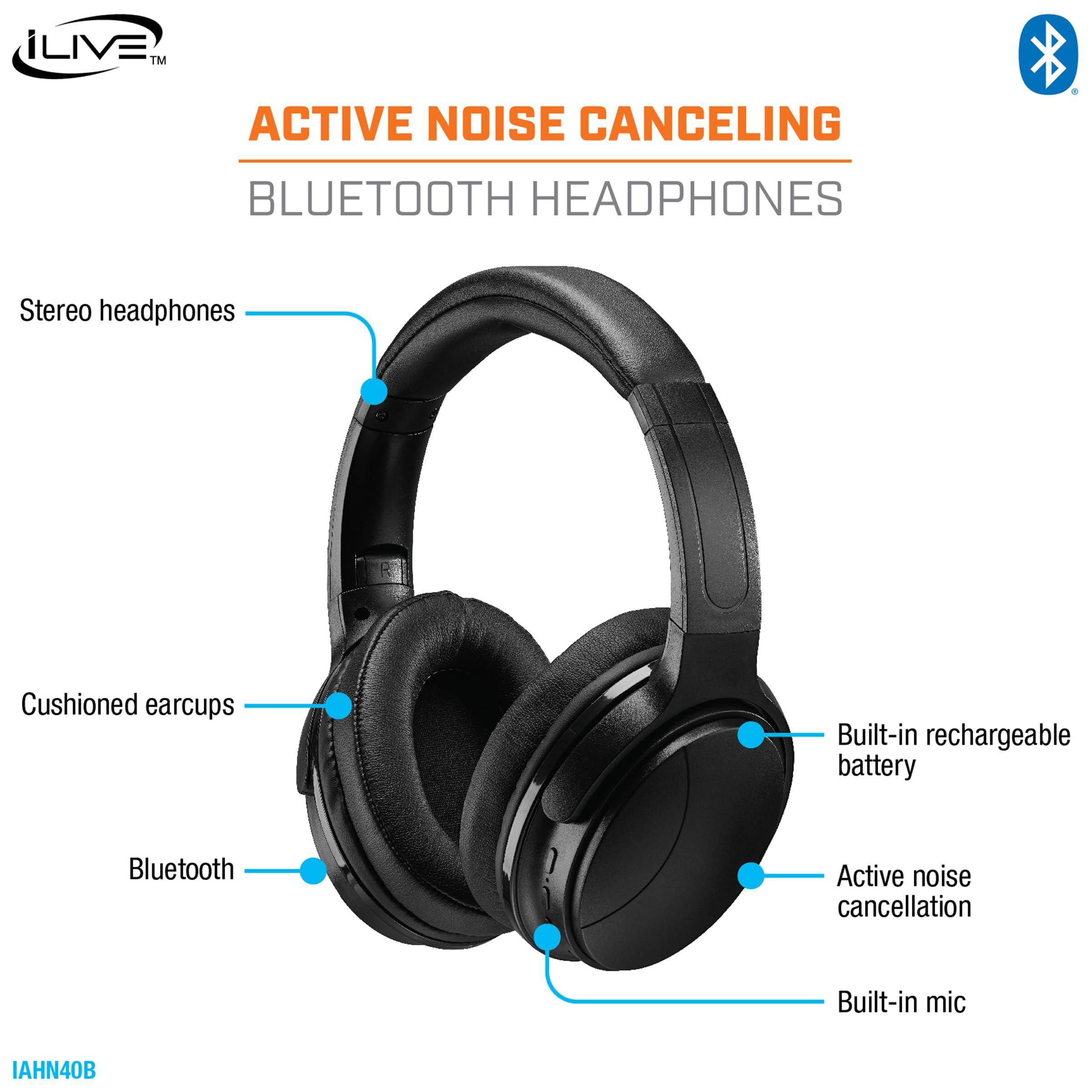 iLive iLive Active Noise Cancellation Bluetooth Headphones, Adjustable Headband, Includes 3.5mm Audio Cable, Black (IAHN40B)