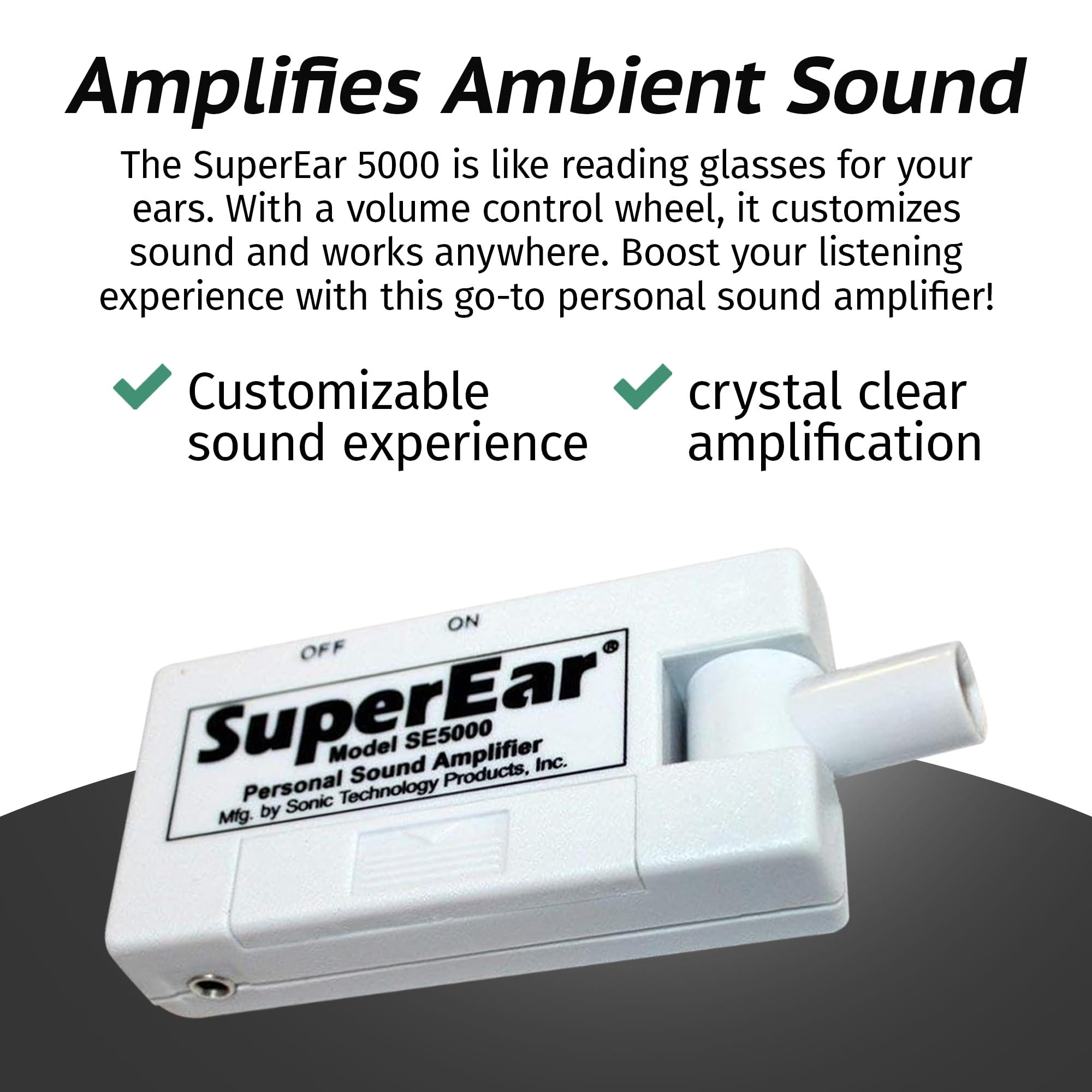 SuperEar SuperEar Bundle: Personal Sound Amplifier Model SE5000 (PSAP) Pocket-Size Audio Amplifier with Headphones and Earbuds for Listening Assist & 50 Pair, 2.5" Disposable Sanitary Ear Covers for Hygiene
