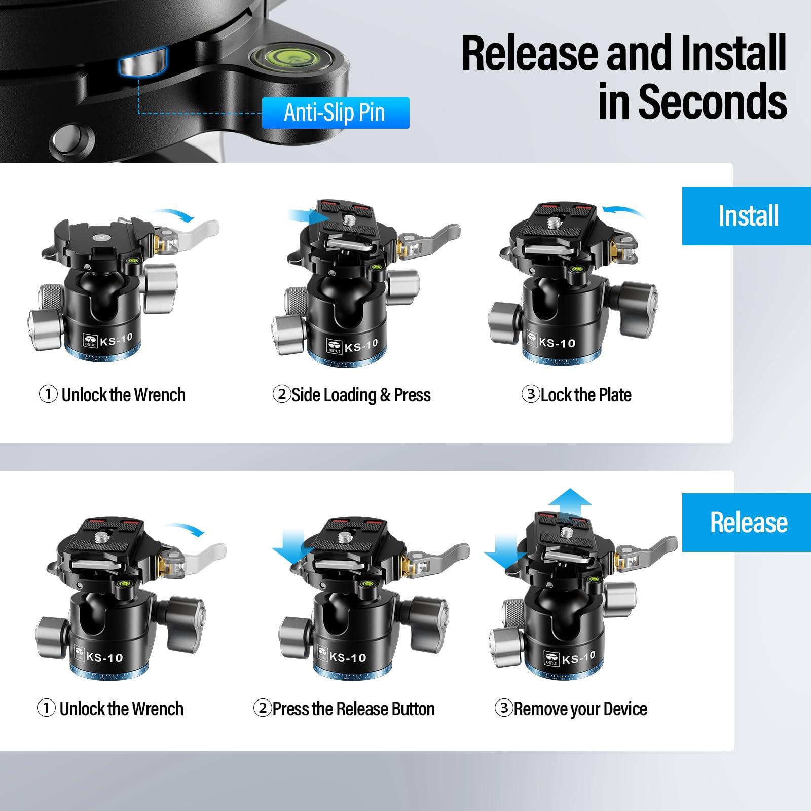 Sirui SIRUI Ball Head for Tripod, 29mm Low Profile Ball Head KS-10, 360 Panoramic Aluminium Alloy Tripod Head for DSLR Camera, Camcorder, Ball Head for Tripod, Monopod, Camera Slider, Max Load 15KG