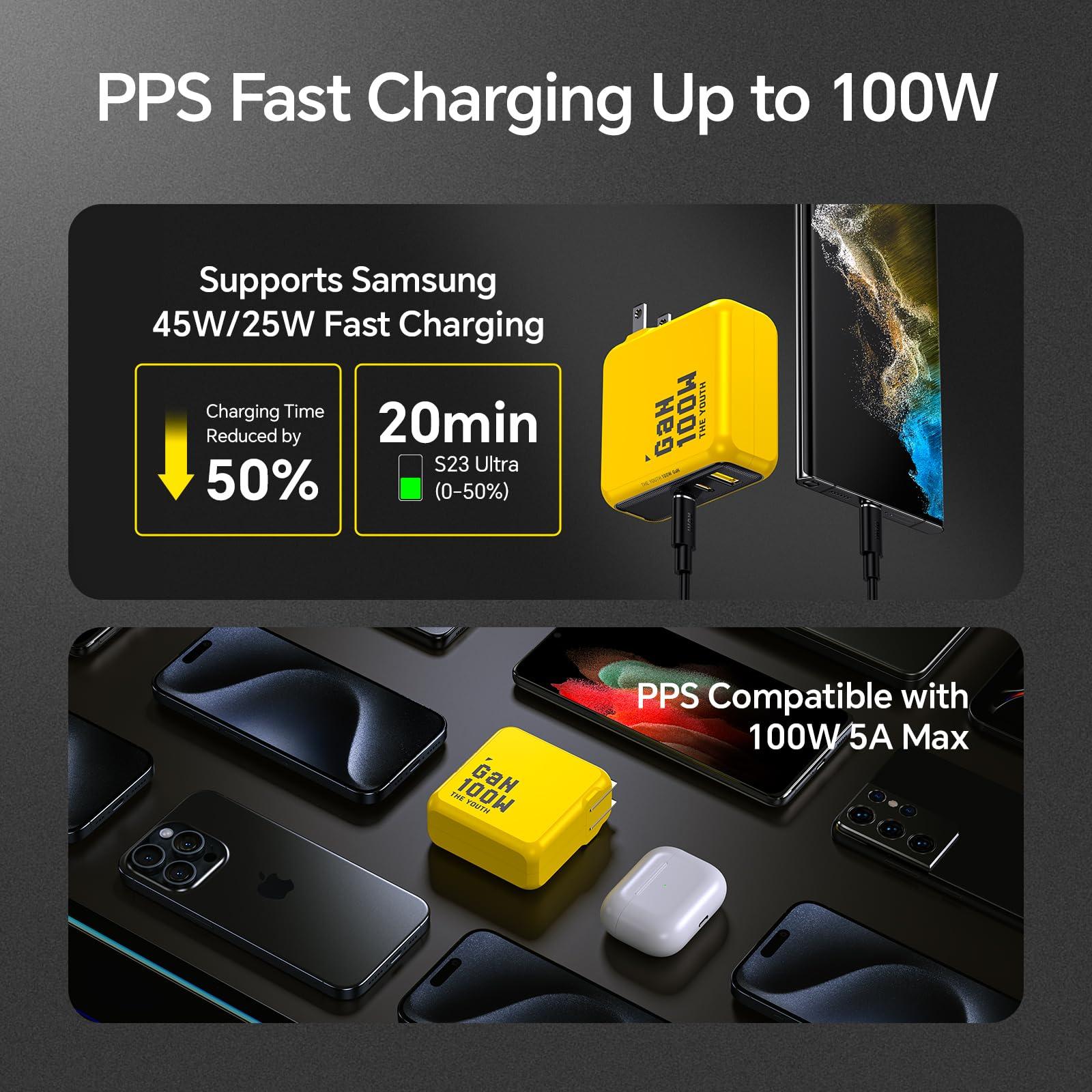 AOHI AOHI Youth 100W Gan+ USB C Wall Charger, 3-Port Laptop Fast Charger Type C Power Adapter PPS PD for MacBook Pro/Air, iPad Pro, iPhone 16/15 Pro Max, Galaxy S24 Ultra/Note, Pixel, Steam Deck, Yellow