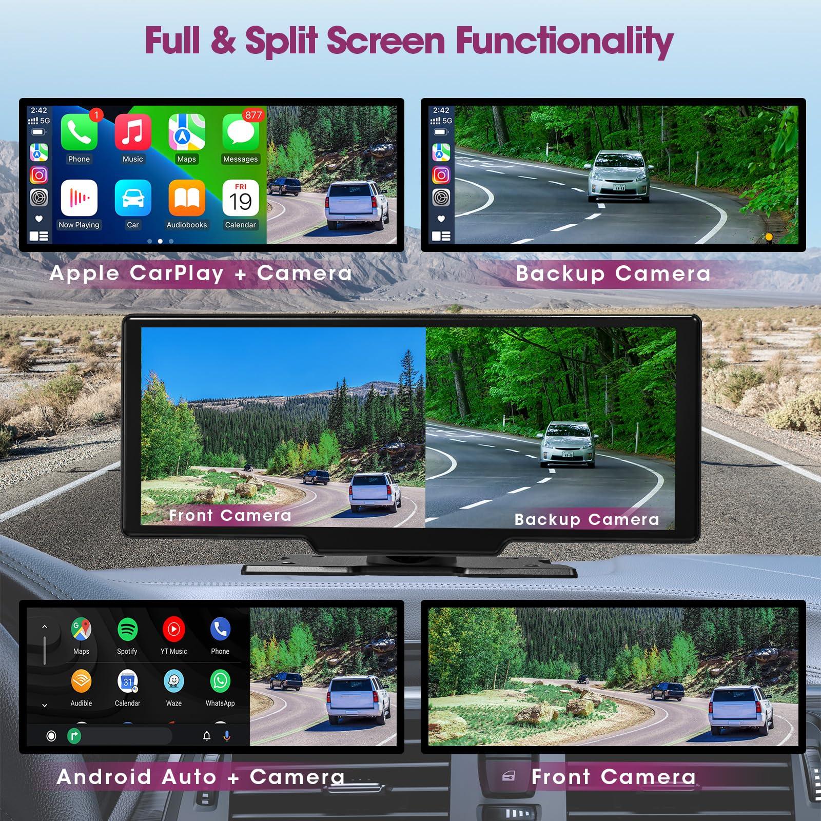 aboutBit Wireless CarPlay Screen Dash Mount - Portable Android Auto Car Stereo with 2.5K Dash Cam - 10.26 Inch HD IPS Display Loop Recording Car DVR Bluetooth Mirrorlink GPS Navigation Video Receivers