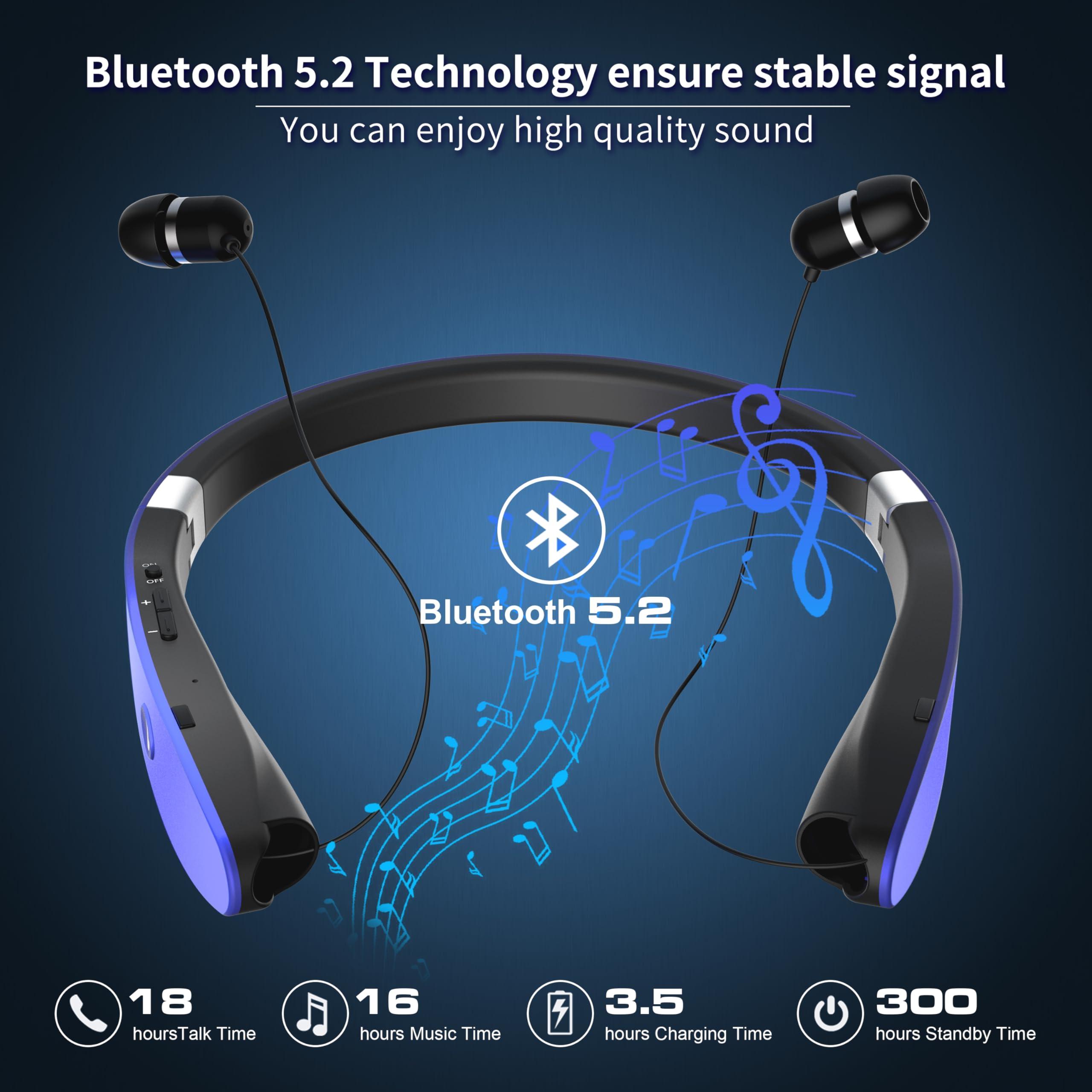 AMORNO AMORNO Foldable Bluetooth Headphones Wireless Neckband Headset with Retractable Earbuds, Sports Sweatproof Noise Cancelling Stereo Earphones with Mic