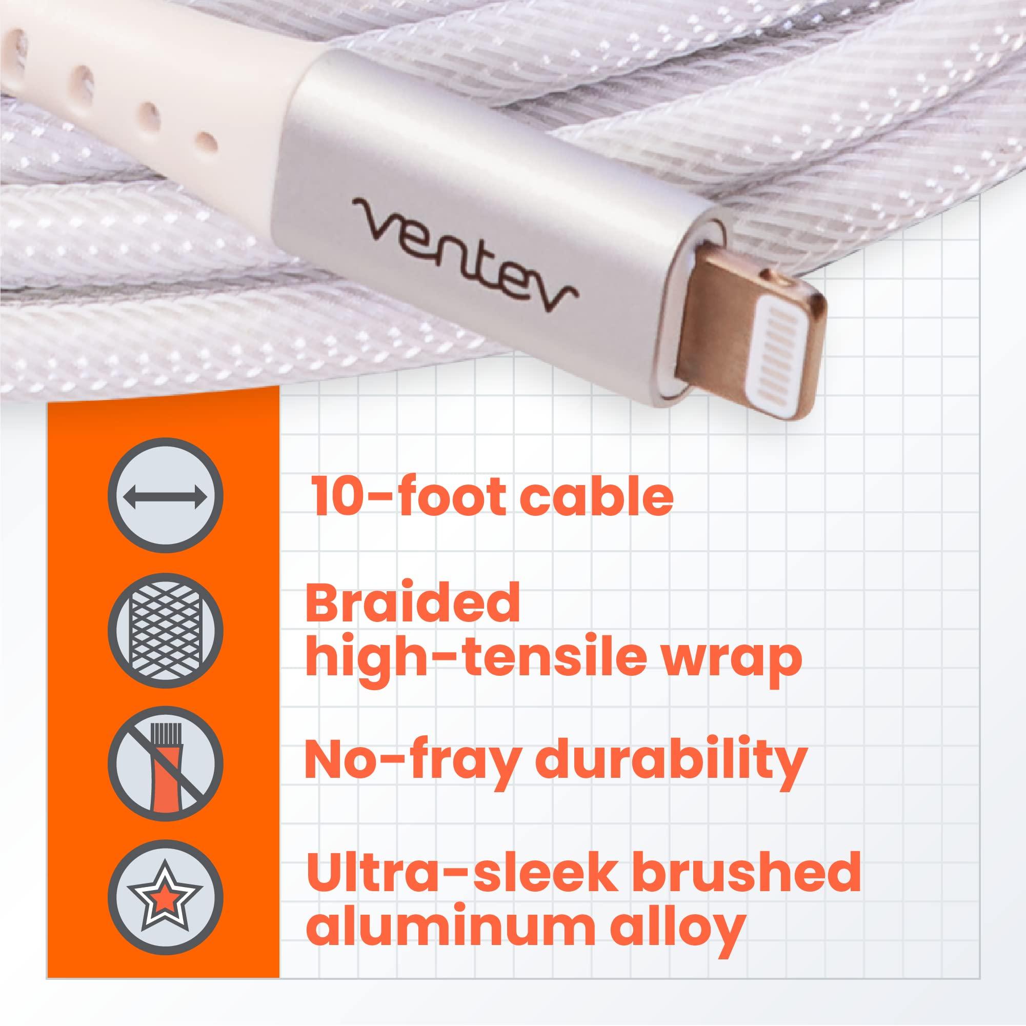 Ventev Ventev Alloy 10 Ft iPhone Cable | Fast Charging USB-C to Lightning Cable | Extra Long MFi Certified Apple Charging Cord | Lasts Up to 100x Longer Than Most Cables for iPhone, White