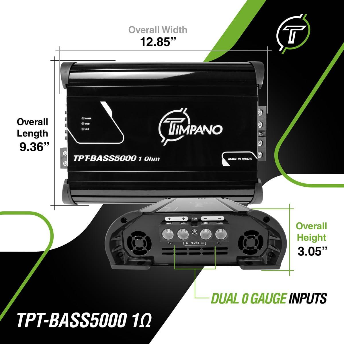 Timpano Timpano 5000 Watts Mono Subwoofer Car Audio Amplifier TPT-BASS5000 1 Ohm 12 Volts 5K Monoblock Class D Car Amp, Built-in Crossover & Bass Boost with Smart Fans
