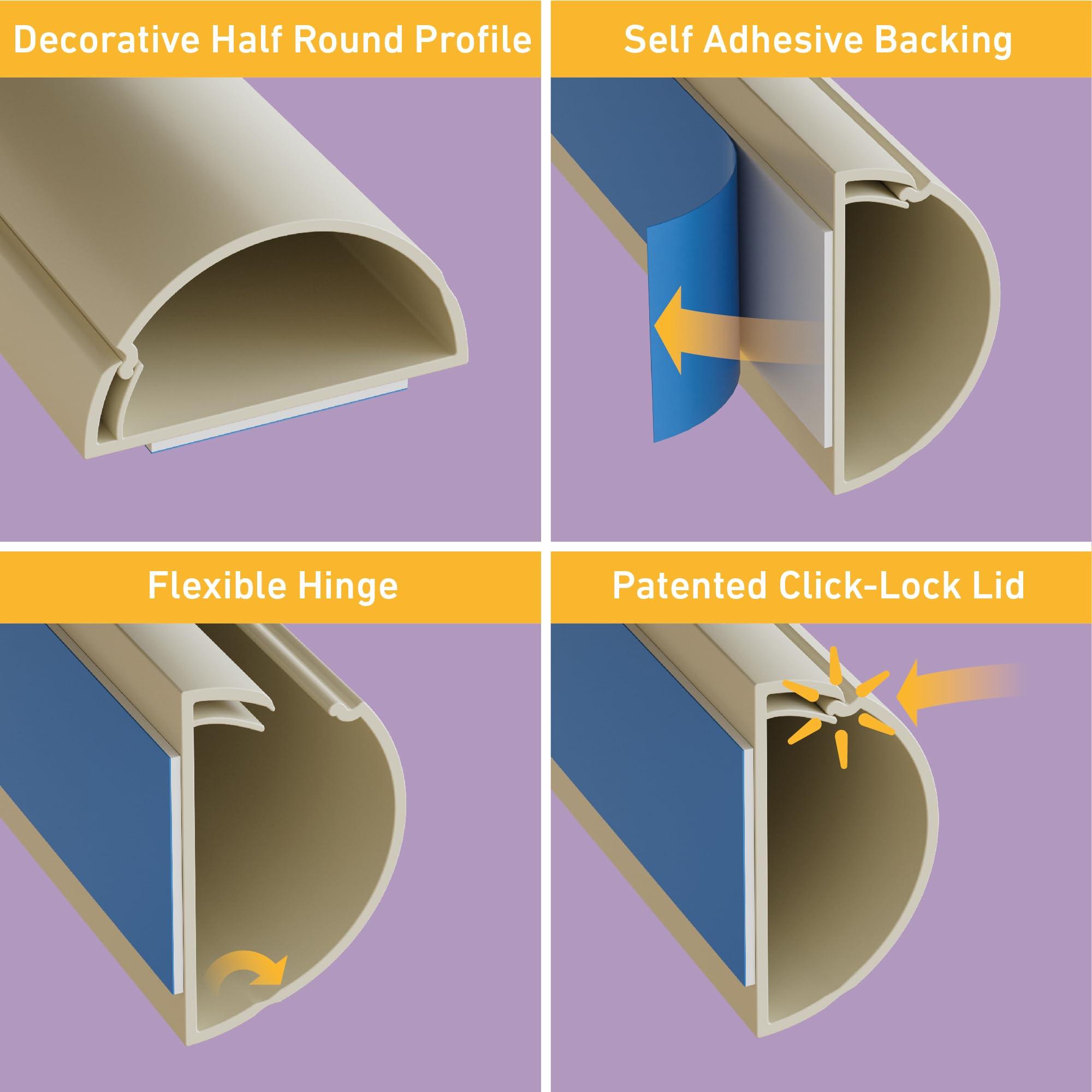 D-Line D-Line Half Round Cord Hider, Patented Cable Cover, Hide TV Wall Mount Wires, Raceway for Cords, Decorative Wire Covers, Paintable, Adhesive Cable Concealer, 2X 2in W x 1in H x 39in L, Beige