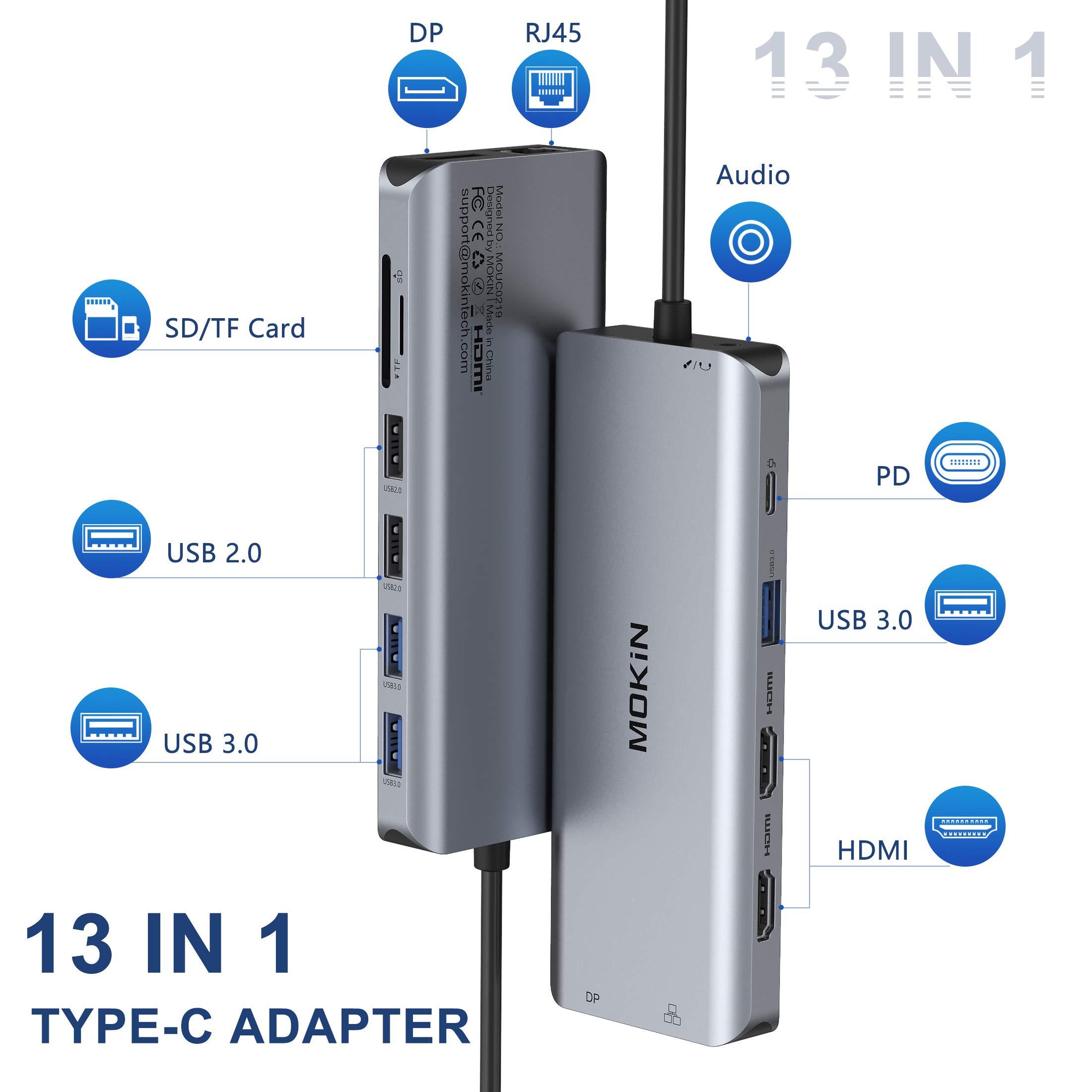 MOKiN USB C Docking Station Dual Monitors 13 in 1 Triple Display USB C Hub for Windows with Dual HDMI 4K, DP, PD Charger, Gigabit Ethernet, 5 USB Ports, SD/TF Card Reader, Mic/Audio for Lenovo HP Dell XPS