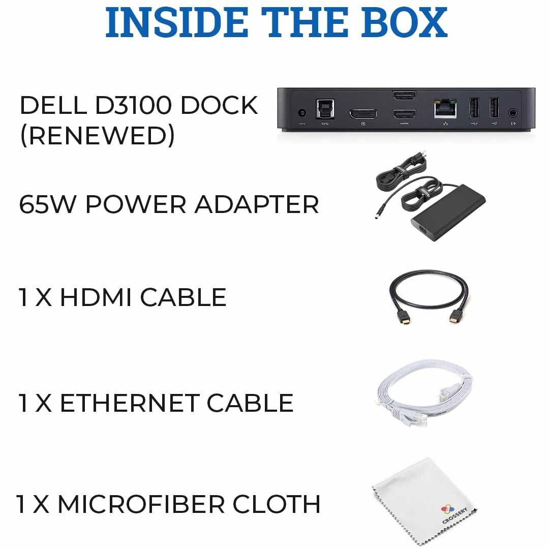 Crossery Dell D3100 Docking Station Bundle - Dual Monitor USB 3.0 Ultra HD/4K Support - Includes HDMI Cable, 65W Power Adapter, Ethernet Cable & Microfiber Cleaning Cloth (Renewed)