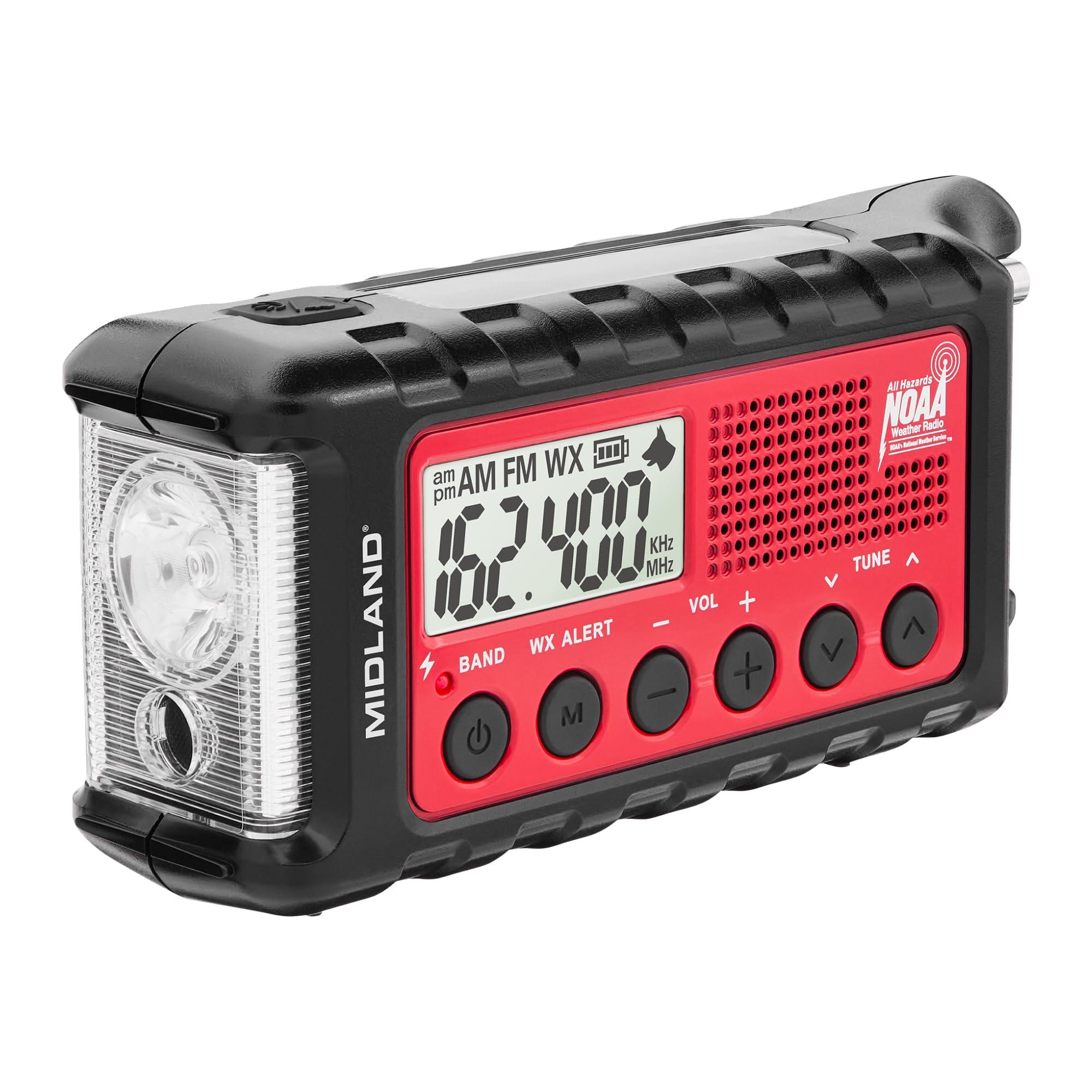 Midland Midland - ER310, Emergency Crank Weather AM/FM Radio - Multiple Power Sources, SOS Emergency Flashlight, Ultrasonic Dog Whistle, & NOAA Weather Scan + Alert (Red/Black)