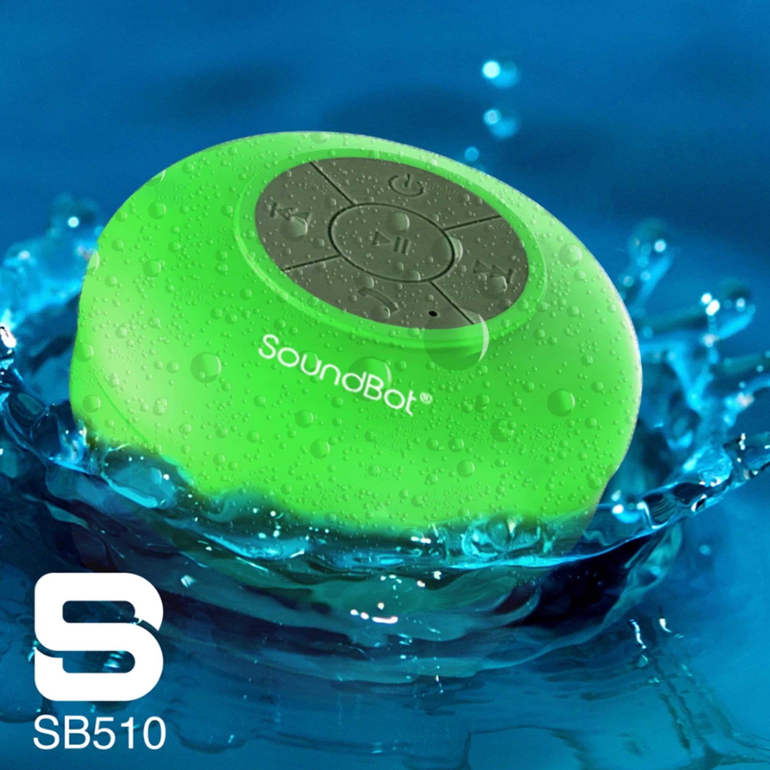 Soundbot Soundbot SB510 HD Water Resistant Bluetooth Shower Speaker, Handsfree Portable Speakerphone with Built-in Mic, 6hrs of Playtime, Control Buttons and Dedicated Suction Cup for Showers (Green)