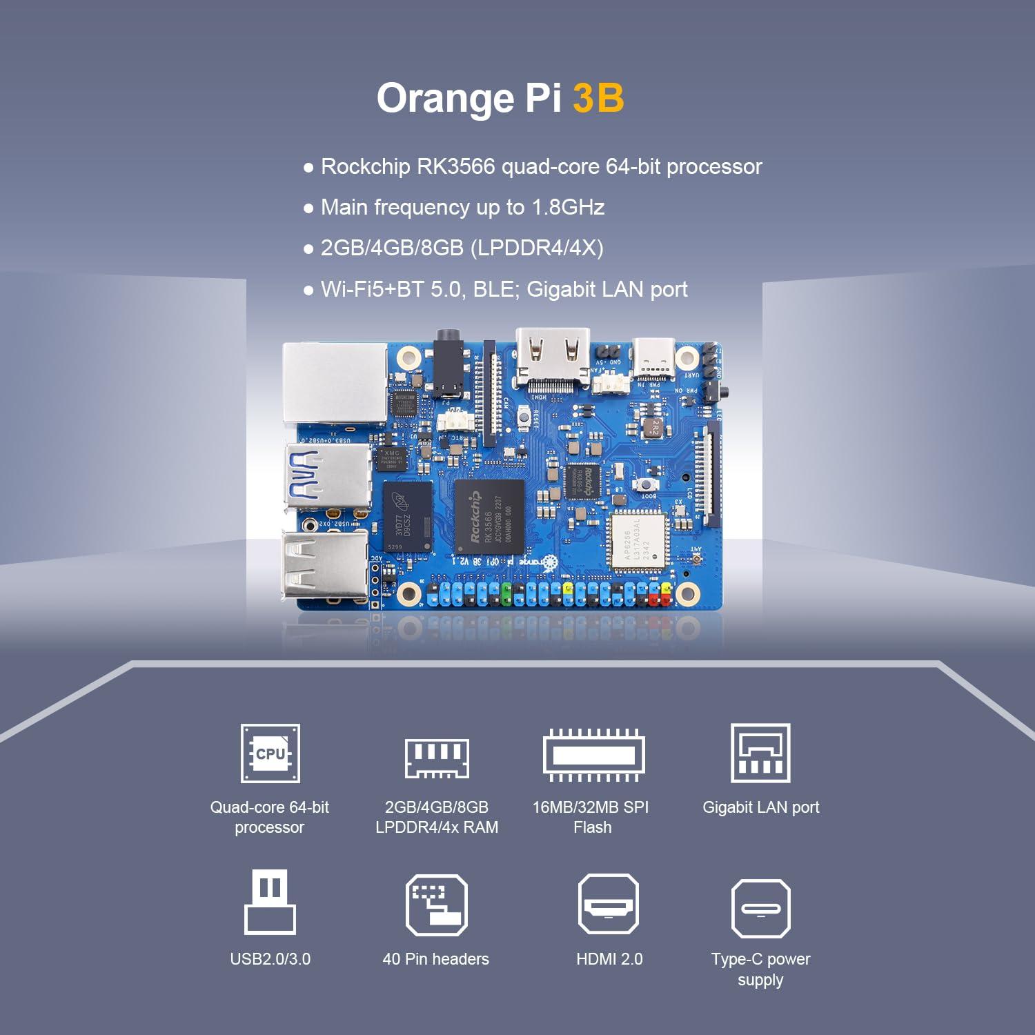 Orange Pi Orange Pi 3B 2GB LPDDR4/4X Rockchip RK3566 Quad-Core 64-Bit Single Board Computer with eMMC Socket, Support WiFi 5 and Bluetooth, Development Board Run Android/Ubuntu/Debian (Pi 3B 4GB+Power Supply)