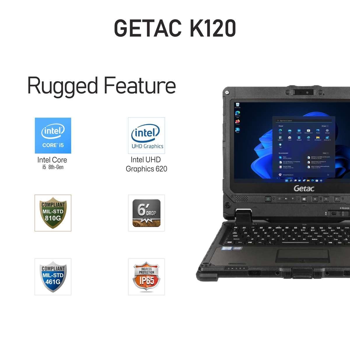 Getac Getac K120, 12.5"" FHD Touchscreen, Rugged, 2-in-1, Intel Core i5-8250U, 4G LTE, 16GB, 512GB SSD, Keyboard, Windows 11 Pro (Renewed), Black