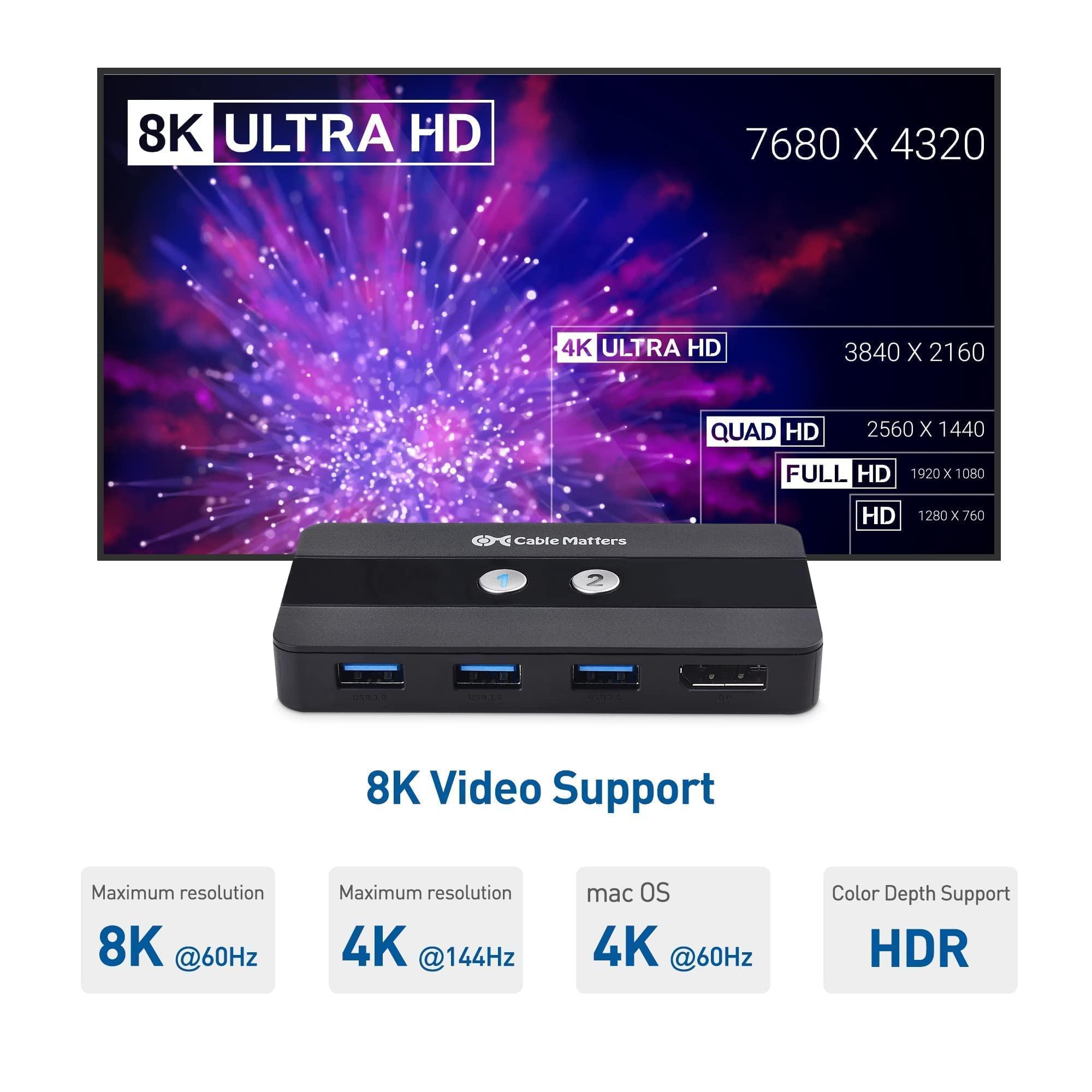 Cable Matters Cable Matters USB 3.0 KVM Switch DisplayPort 1.4 for 2 Computers, USB C to DisplayPort 1.4 Adapter, and USB C to USB Adapter Bundle