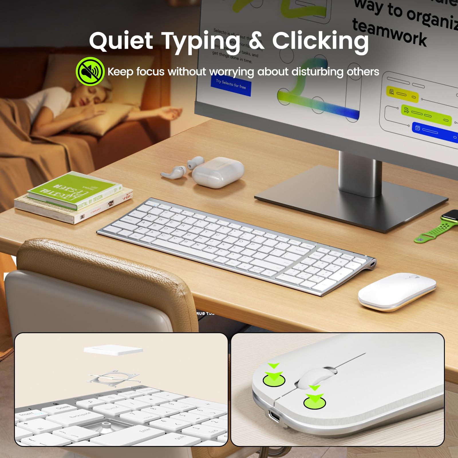 seenda seenda Rechargeable Wireless Keyboard Mouse, Ultra Thin Low Profile Wireless Keyboard and Mouse with Number Pad, Quiet Portable Combo Compatible for Windows XP/7/8/10/11/11 Pro, Silver White