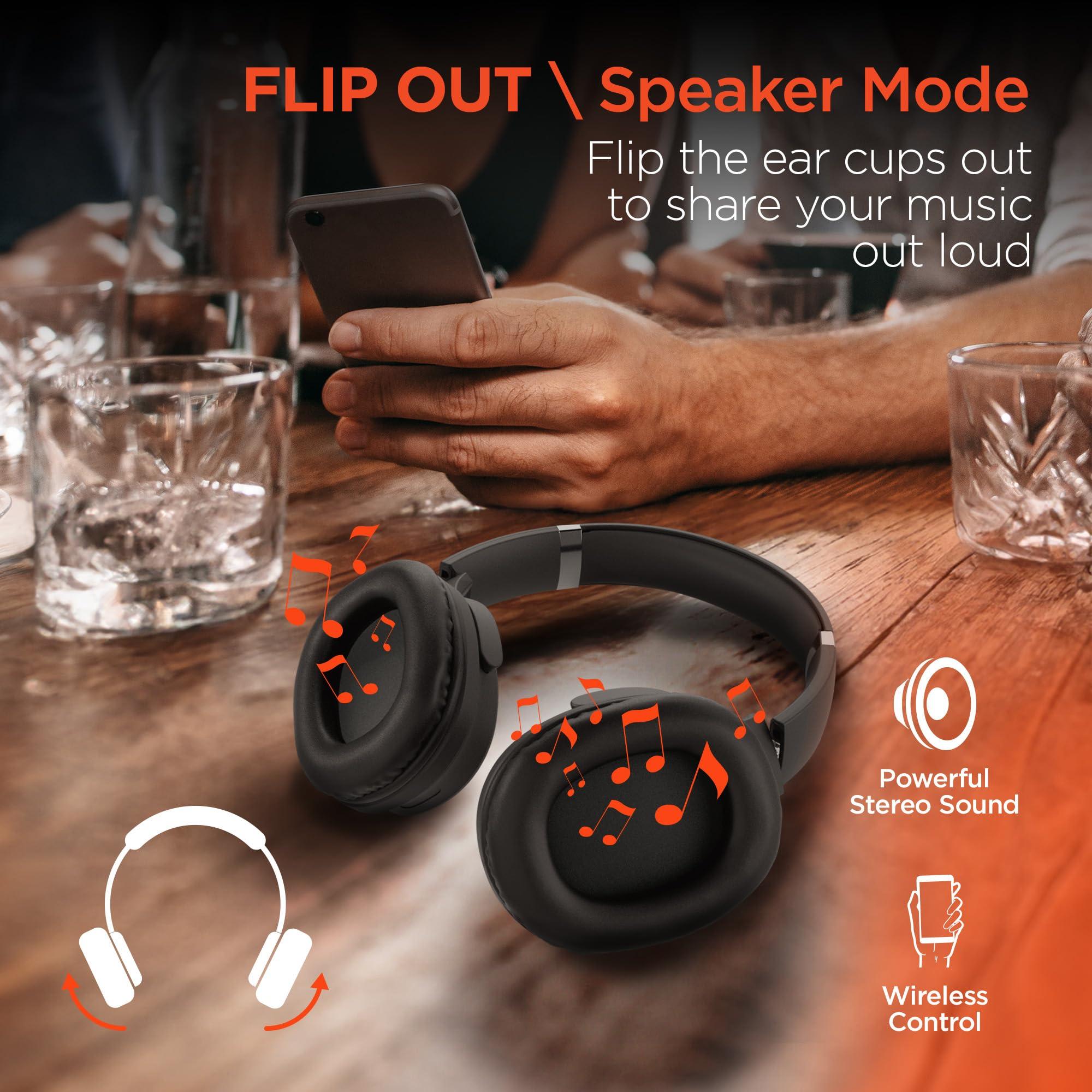 HyperGear Collapsible Wireless Headphones + HD Stereo Speakers Flip The Ear Cups in for Music Solo Style, Flip The Ear Cups Out for Music in Full Stereo Detail (Black)