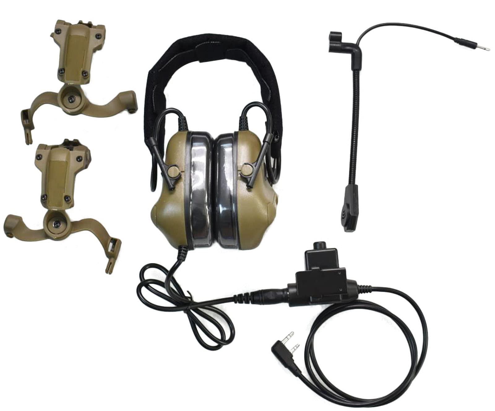 Hdlsina Hdlsina Helmet-Type Tactical Headset + with U94 PTT 2pin with ARC Rail Adapter Compatible Ops-Core Fast Helmet ACH Helmet MICH Helmet for Airsoft Hunting Shooting (Khaki)