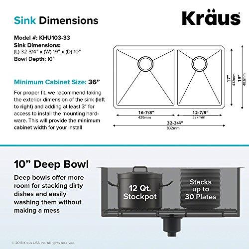 Kraus Kraus Standard PRO 33-Inch 16 Gauge Undermount 60/40 Double Bowl Stainless Steel Kitchen Sink, KHU103-33