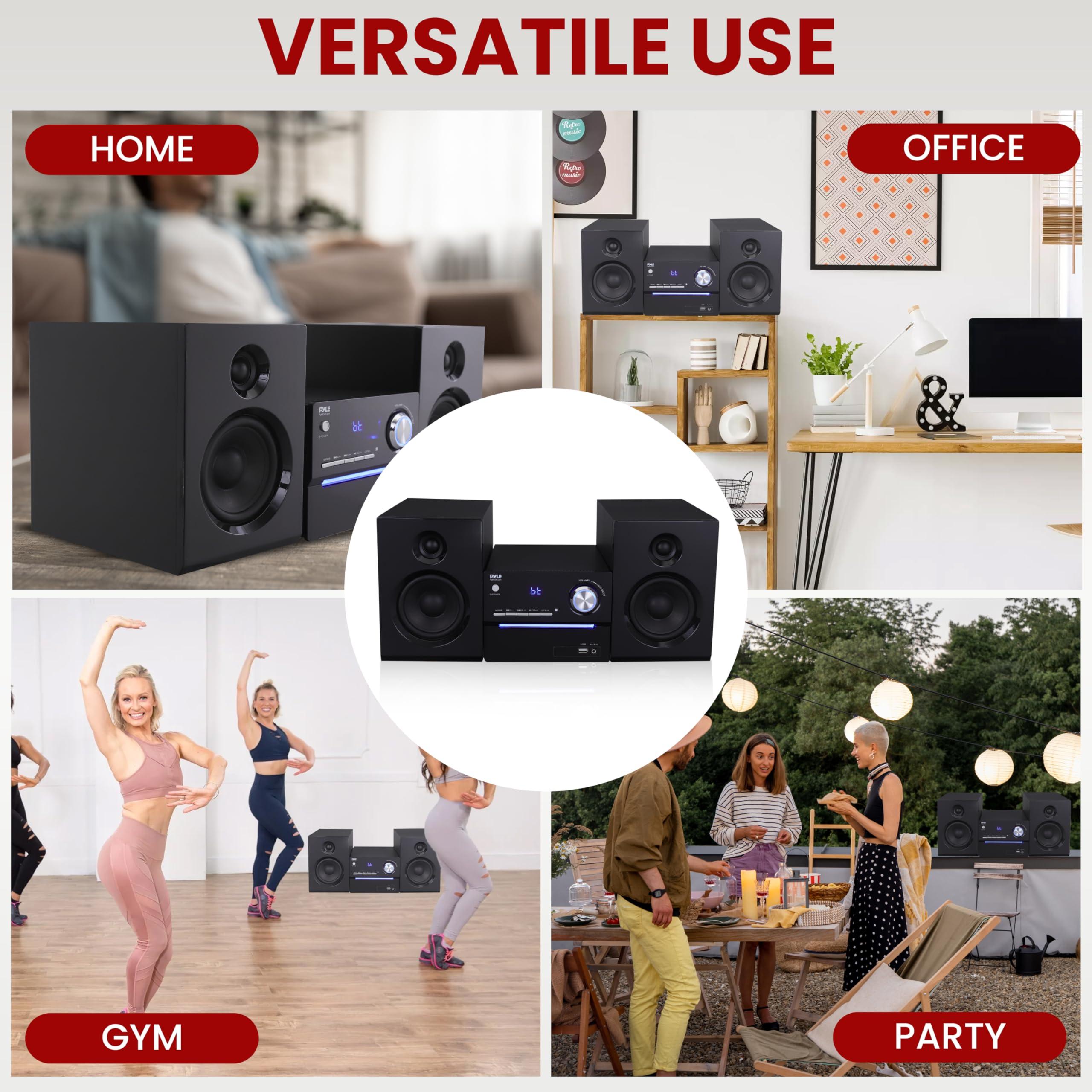 Pyle Pyle CD/DVD P.M.P.O Stereo System, 3-pc Wireless BT Streaming 6 Ohm Two-Way Wooden Speaker Box and Subwoofer, Digital Amplifier IC with MP3, USB, FM Radio, Bass Reflex Speaker