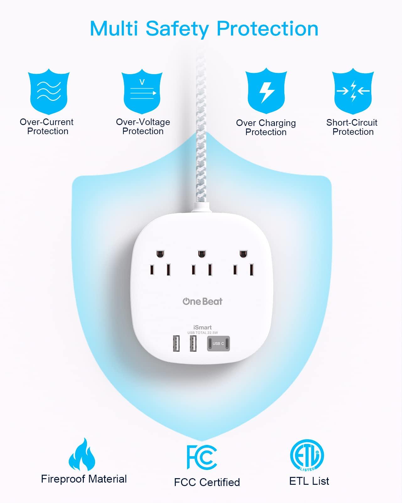 One Beat Flat Plug Power Strip, 5ft Ultra Flat Extension Cord - 3 Outlets 4 USB Ports (2 USB C) 22.5W/4.5A Desktop Charging Station, No Surge Protection for Cruise Ship, Dorm Room Travel Essentials