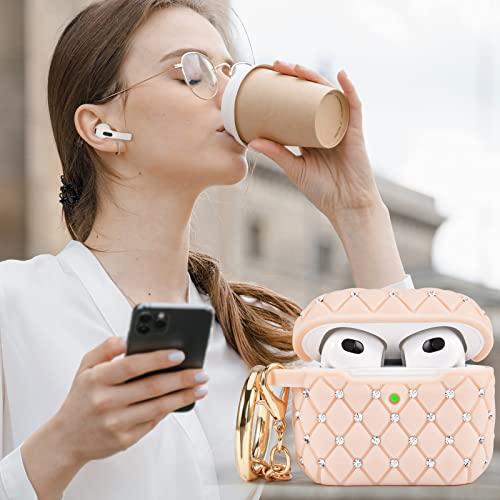 WorryFree Gadgets Worryfree Gadgets Case Compatible with AirPods 3 Case Generation 3 Bling Rhinestone Cover for Women TPU Protective Shockproof Case with Keychain for AirPod 3 Charging Case, Pink