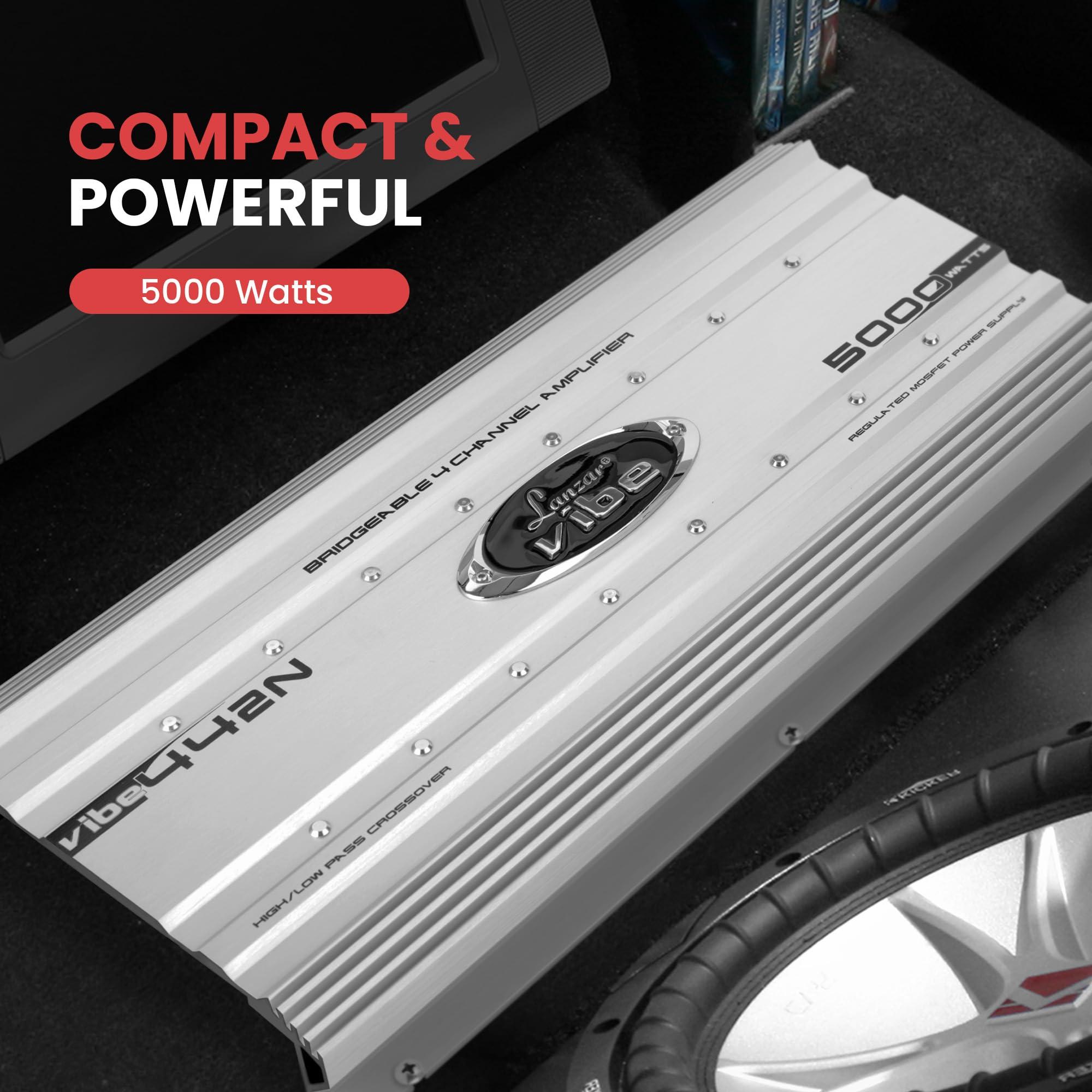 Lanzar Lanzar Premium Car Audio, Amplifier Car Audio, Car Stereo Amplifier, 5,000 Watt, 4-Channel, RCA Input, Subwoofer Bass Control, Power Amp, LED Indicator, Car Electronics, Gray (VIBE442N.5)