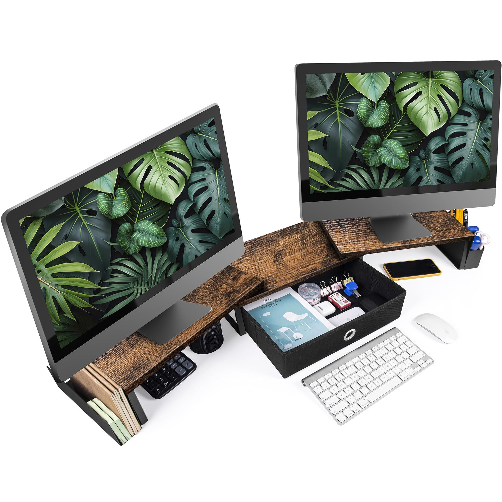 RUILALIFE RUILALIFE Dual Monitor Stand Riser With Drawer, Office Desk Organizers And Accessories, Computer Monitor Riser For 2 Monitors For Desk, Monitor Shelf With Adjustable Length & Angle